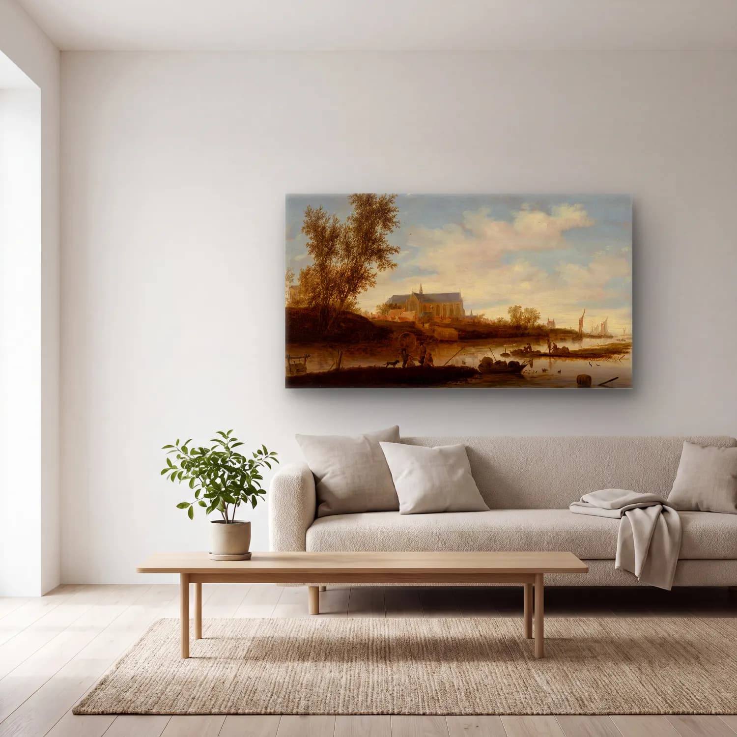 Salomon van Ruysdael – River landscape with fishermen in the foreground, the… cam tablo — açık renk salonda