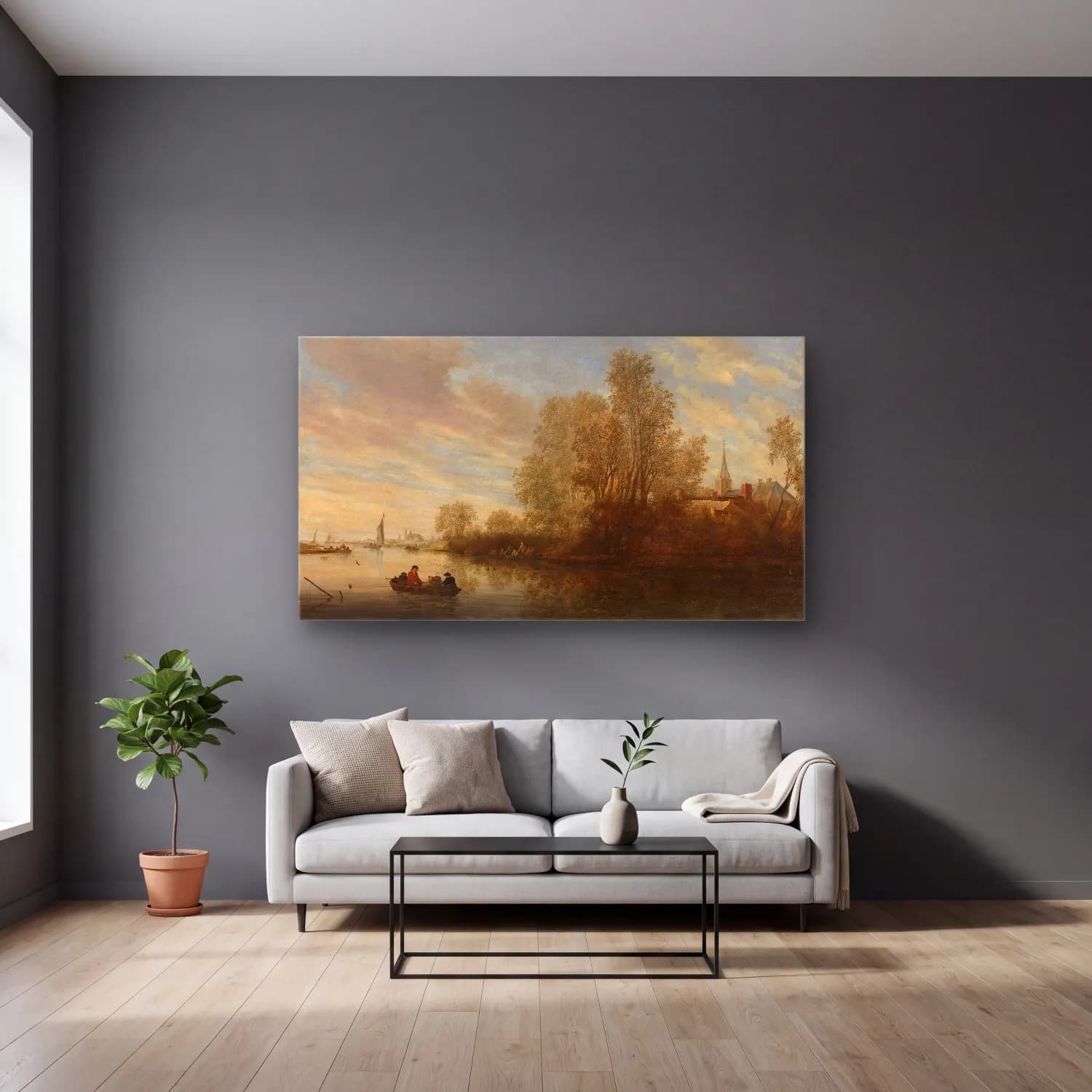 Salomon van Ruysdael – River view near Deventer cam tablo — gri duvarlı salonda