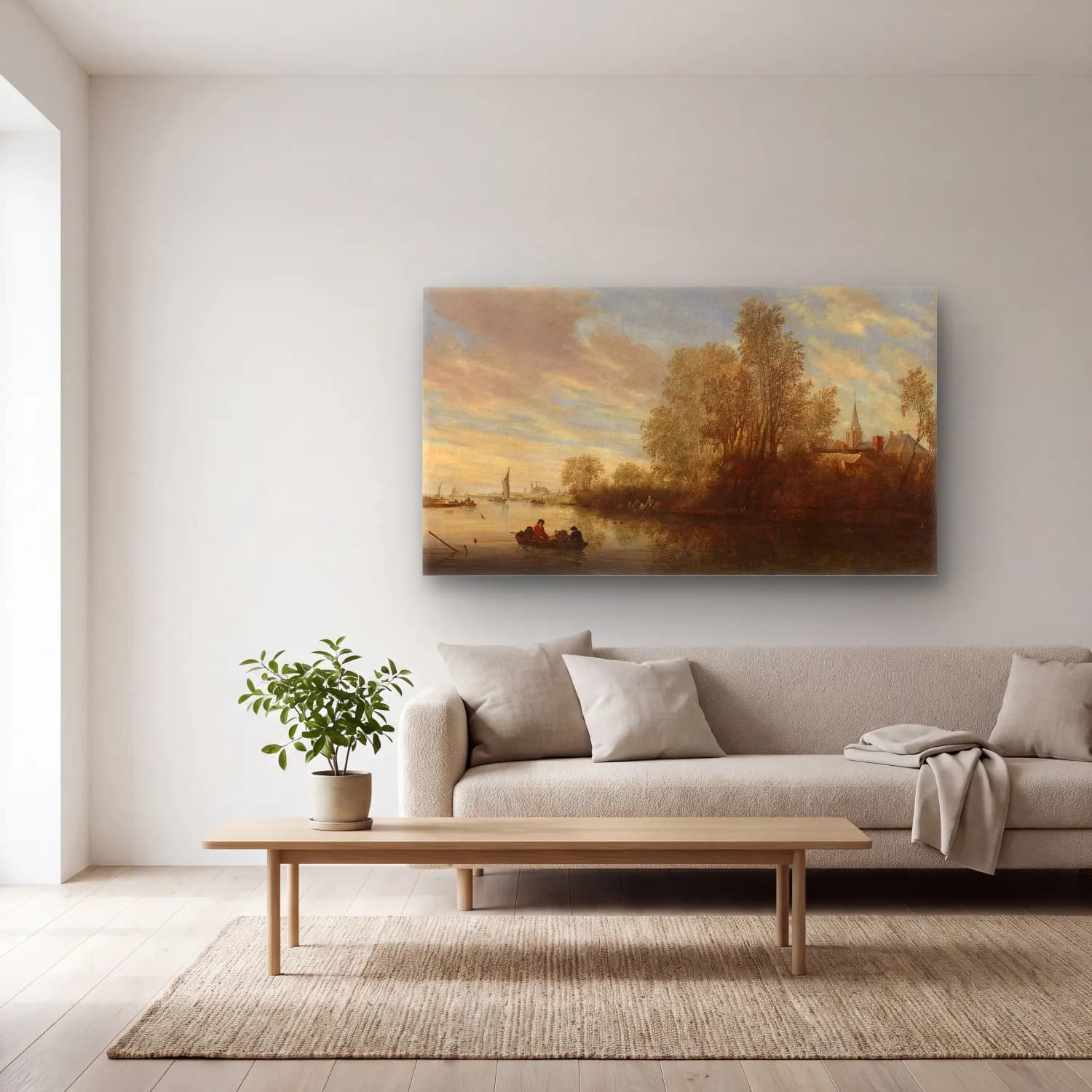 Salomon van Ruysdael – River view near Deventer cam tablo — açık renk salonda