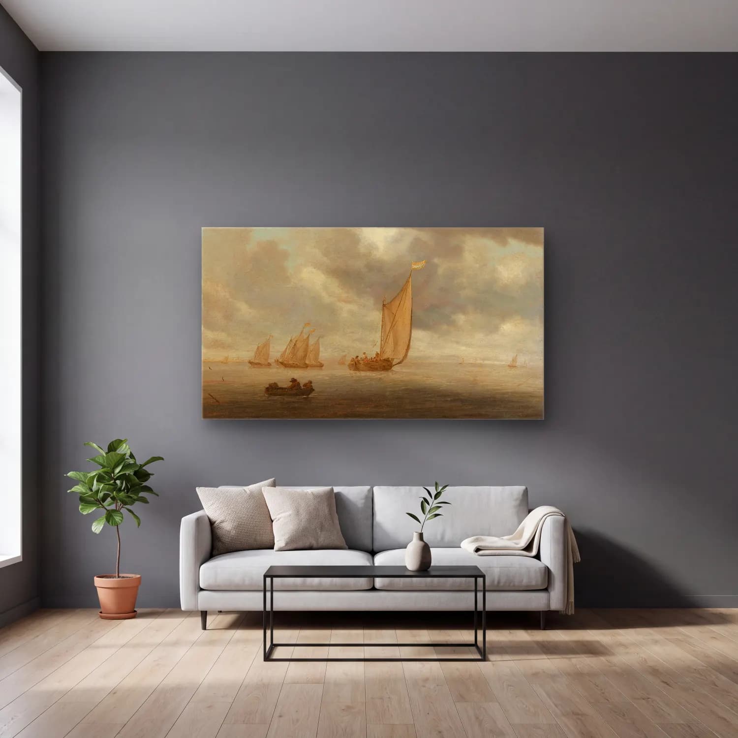 Salomon van Ruysdael – Sailing vessels on a inland body of water cam tablo — gri duvarlı salonda