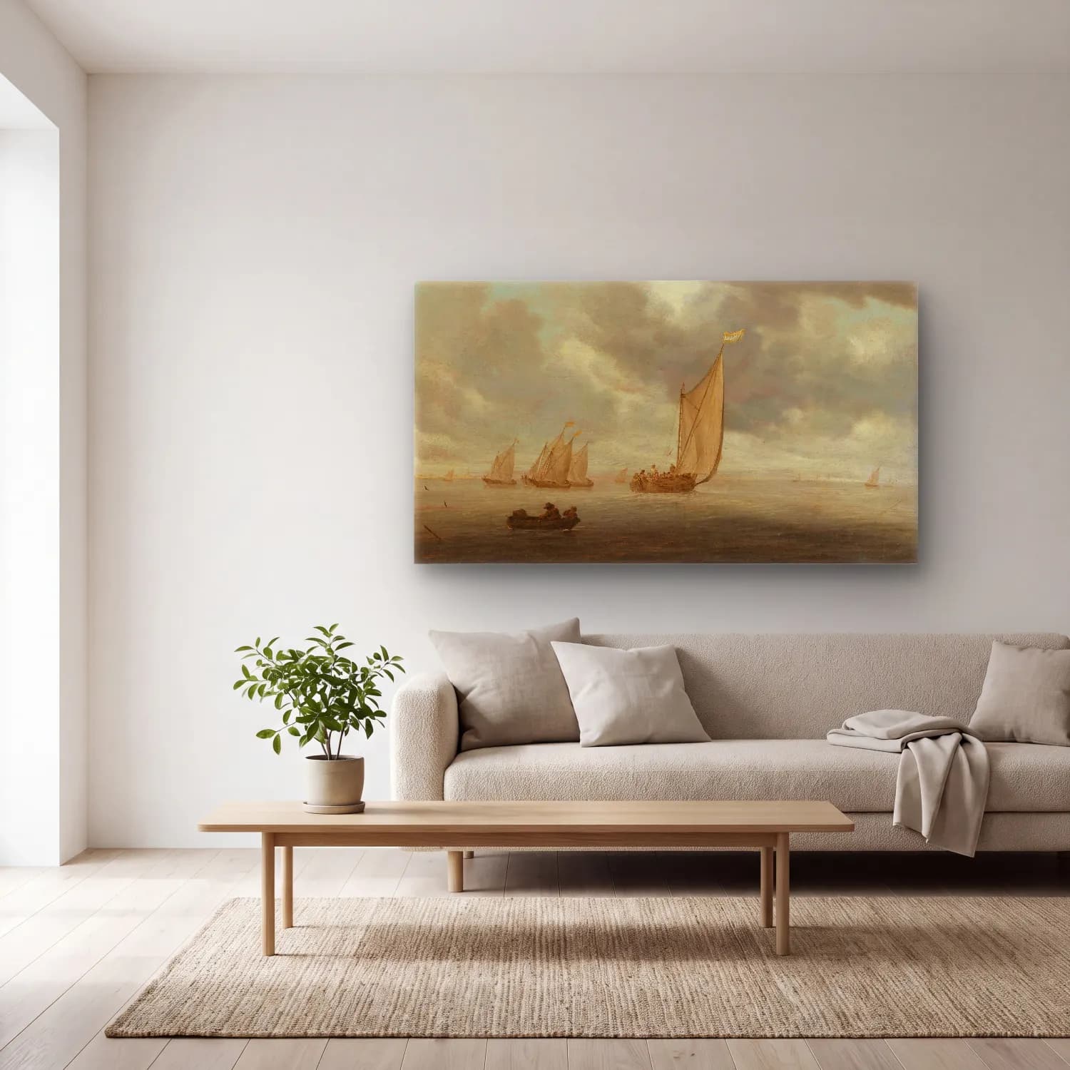 Salomon van Ruysdael – Sailing vessels on a inland body of water cam tablo — açık renk salonda