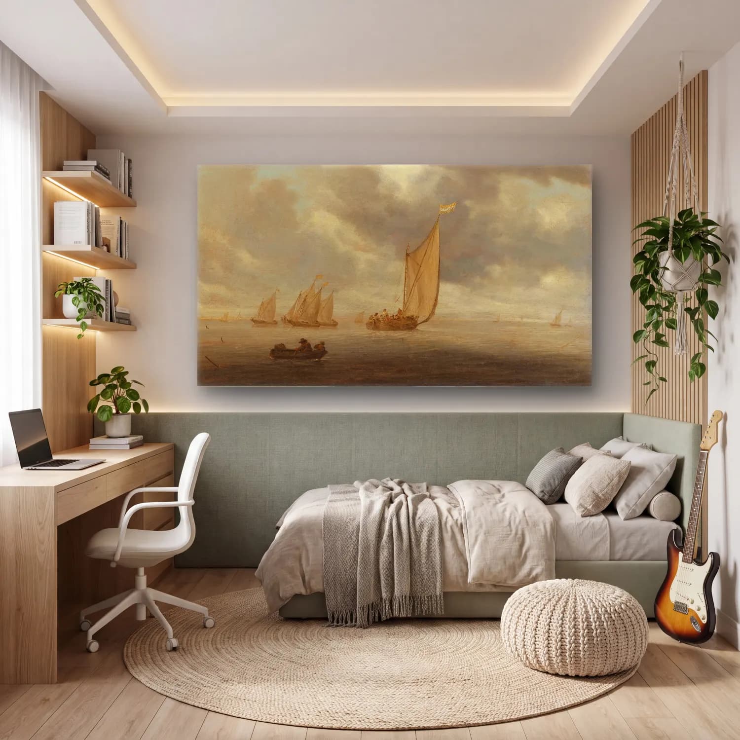 Salomon van Ruysdael – Sailing vessels on a inland body of water cam tablo — genç odasında