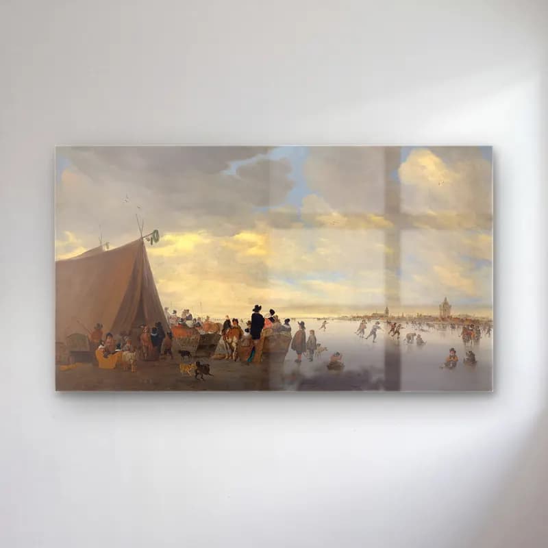 Salomon van Ruysdael – Skaters on the frozen river Lek, the town of Vianen beyond cam tablo — Salomon van Ruysdael – Skaters on the frozen river Lek, the town of Vianen beyond — yağlı boya sahilde i̇nsanlar