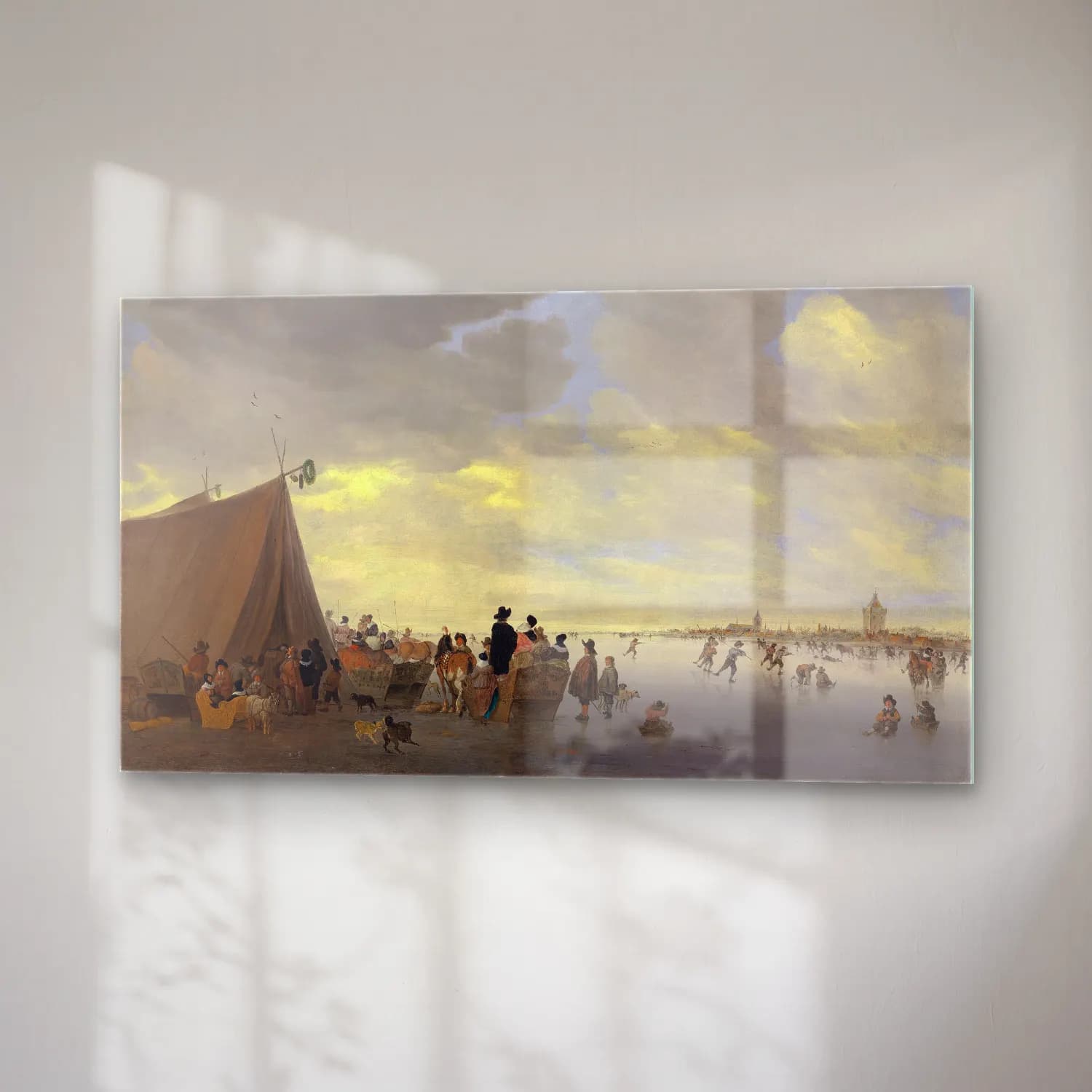 Salomon van Ruysdael – Skaters on the frozen river Lek, the town of Vianen beyond cam tablo — sağ açıdan görünüm