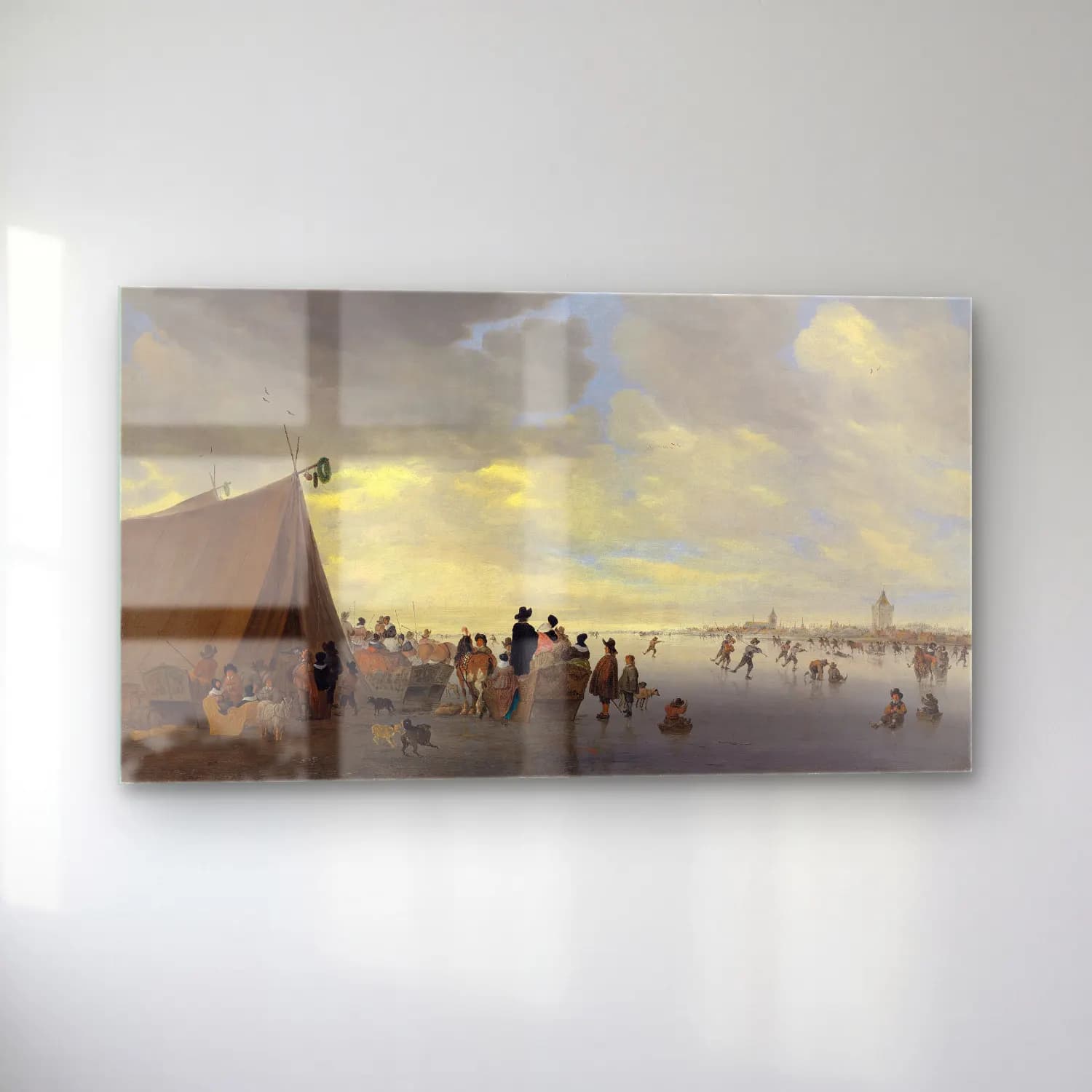 Salomon van Ruysdael – Skaters on the frozen river Lek, the town of Vianen beyond cam tablo — sol açıdan görünüm