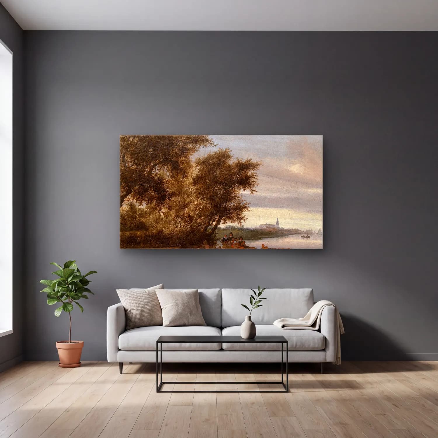Salomon van Ruysdael – The Ferry cam tablo — gri duvarlı salonda