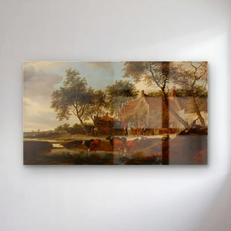 Salomon van Ruysdael – The watering place cam tablo — Salomon van Ruysdael – The watering place — yağlı boya kır evi