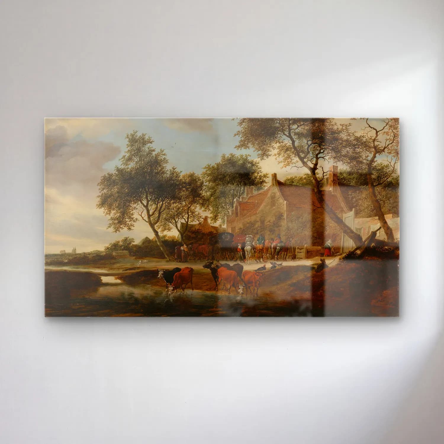 Salomon van Ruysdael – The watering place cam tablo — Salomon van Ruysdael – The watering place — yağlı boya kır evi