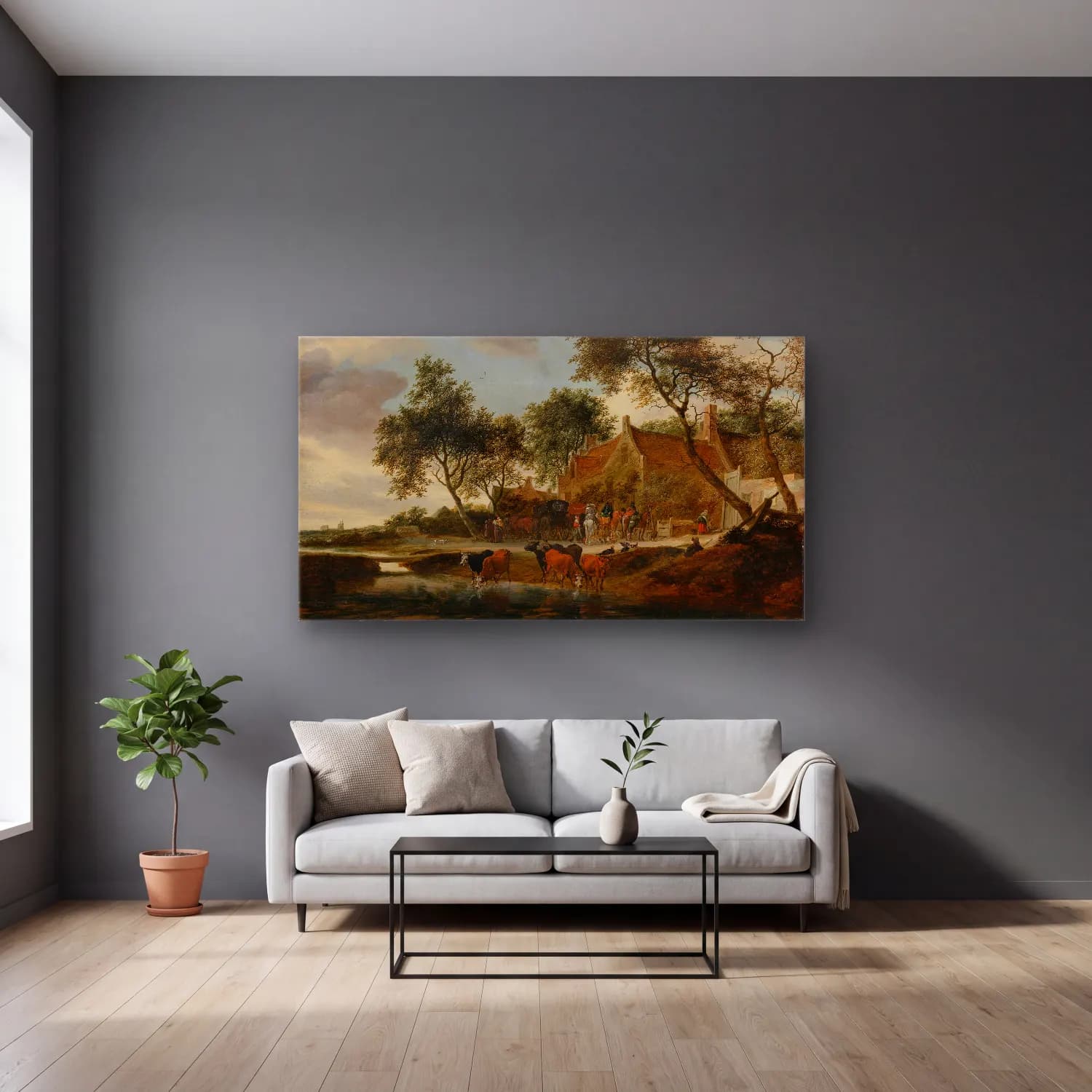 Salomon van Ruysdael – The watering place cam tablo — gri duvarlı salonda