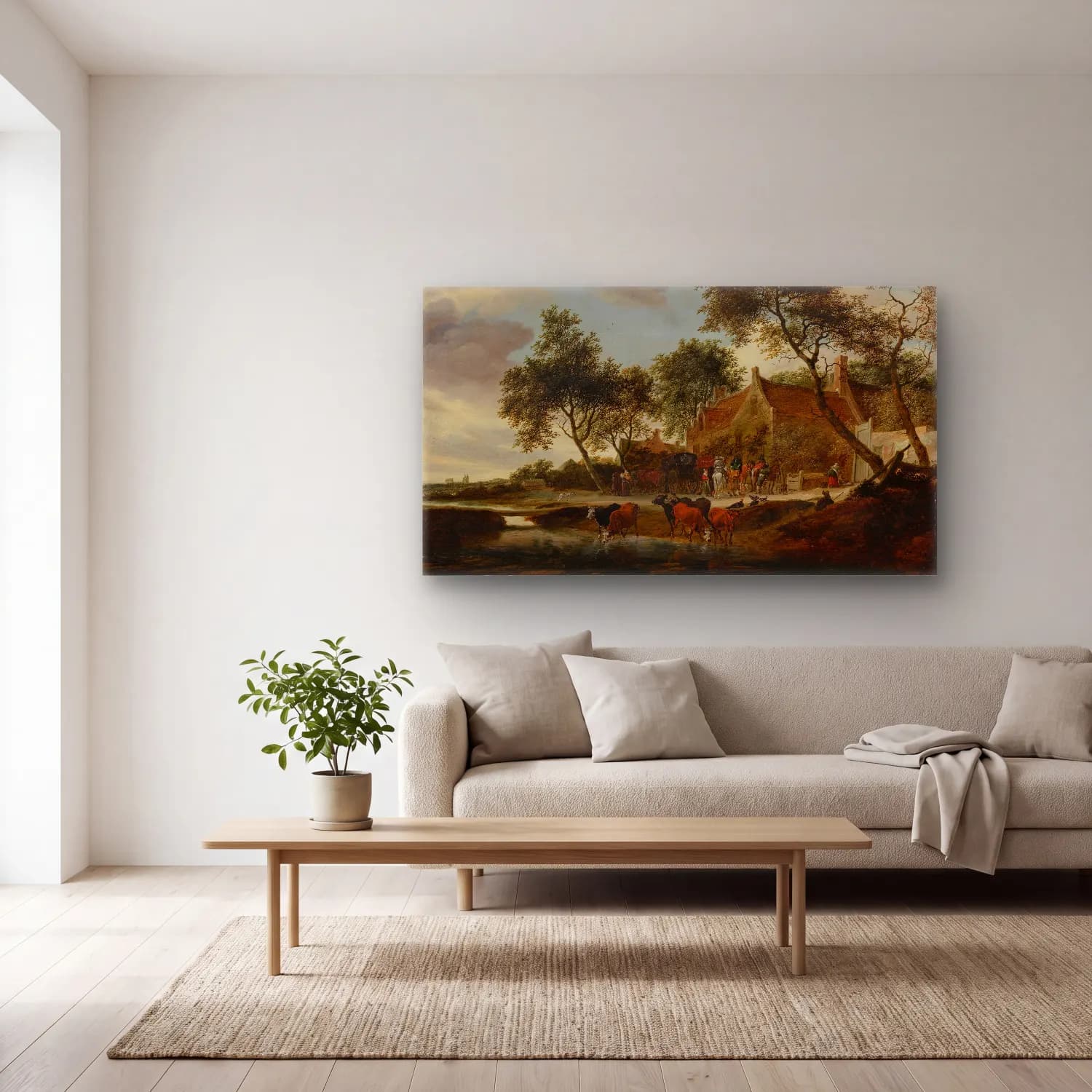 Salomon van Ruysdael – The watering place cam tablo — açık renk salonda