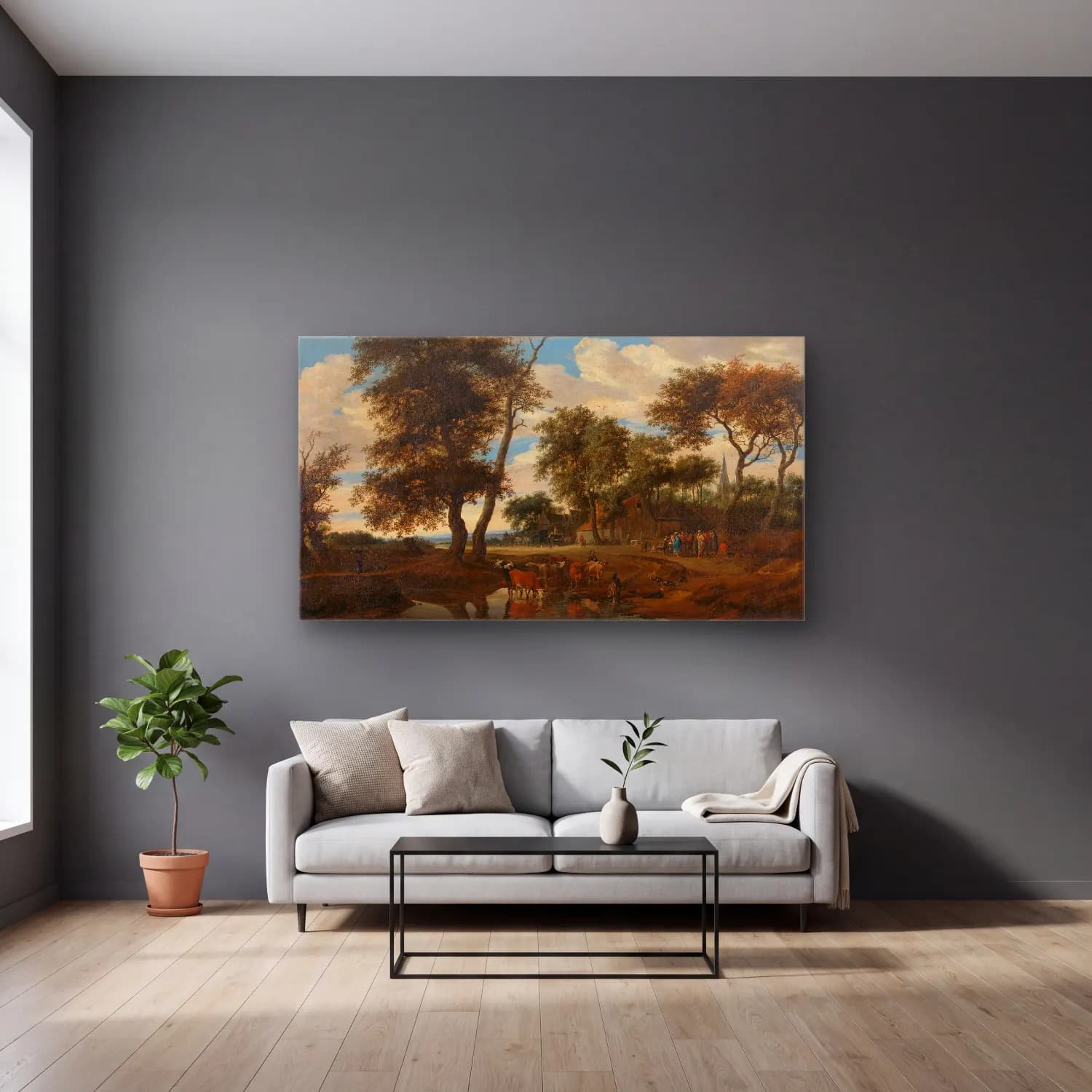 Salomon van Ruysdael – View of a village cam tablo — gri duvarlı salonda