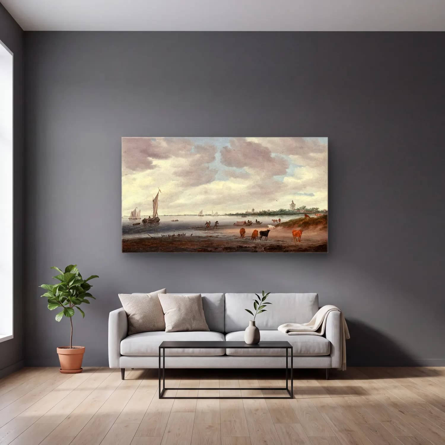 Salomon van Ruysdael – View of the River Lek and the Town of Vianen cam tablo — gri duvarlı salonda