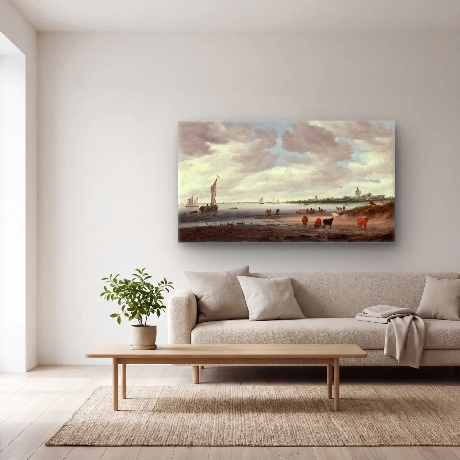 Salomon van Ruysdael – View of the River Lek and the Town of Vianen cam tablo — açık renk salonda