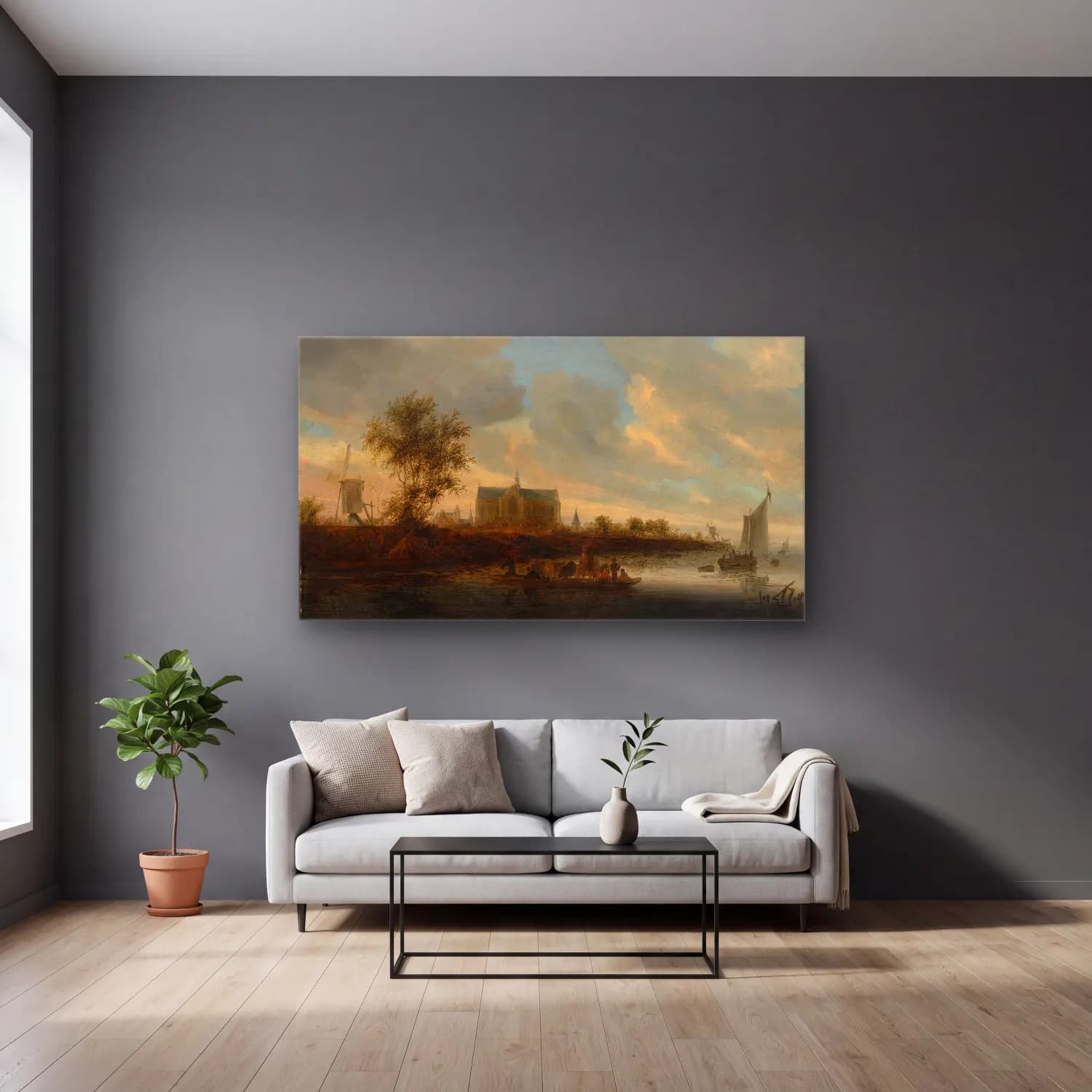 Salomon van Ruysdael – View of the Town of Alkmaar cam tablo — gri duvarlı salonda