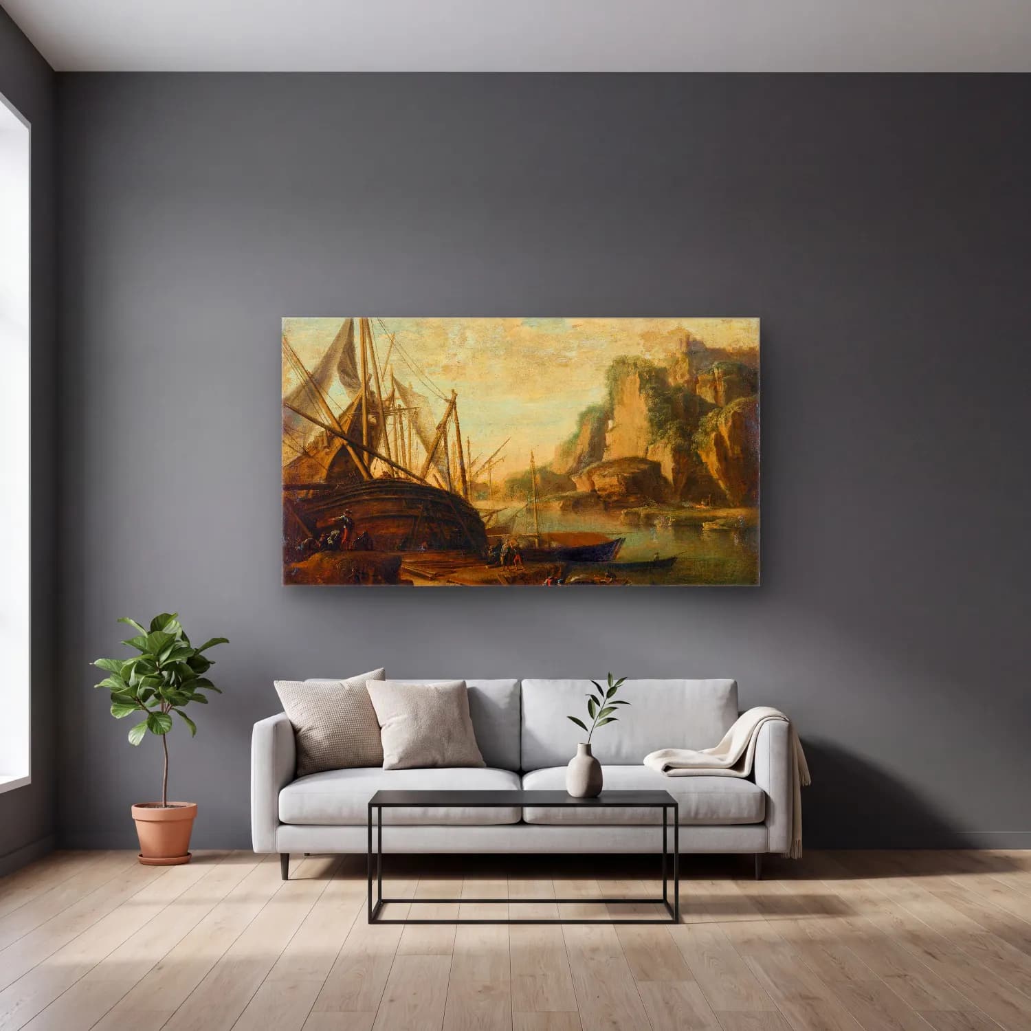 Salvator Rosa – A Mediterranean coastal landscape with a ship cam tablo — gri duvarlı salonda