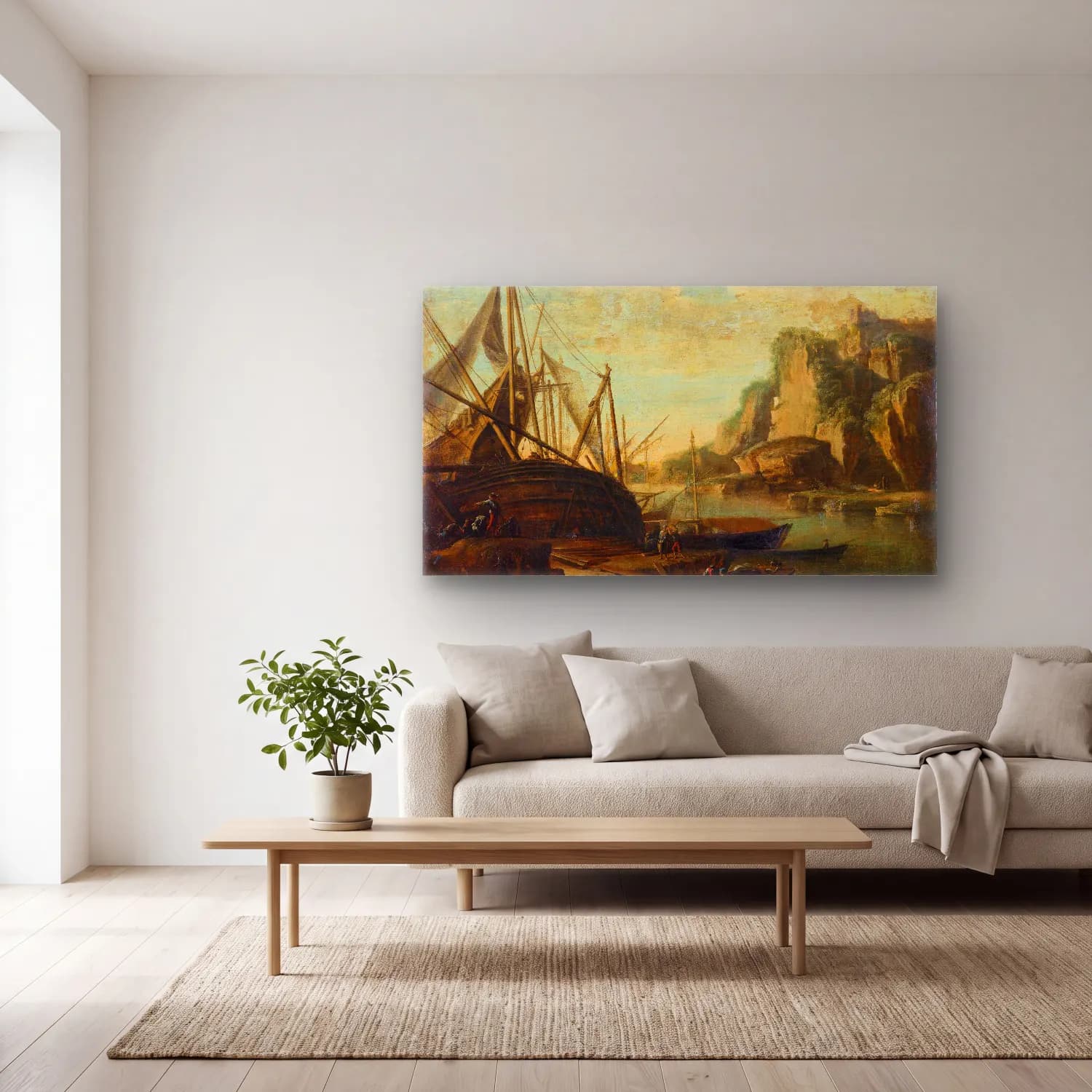 Salvator Rosa – A Mediterranean coastal landscape with a ship cam tablo — açık renk salonda