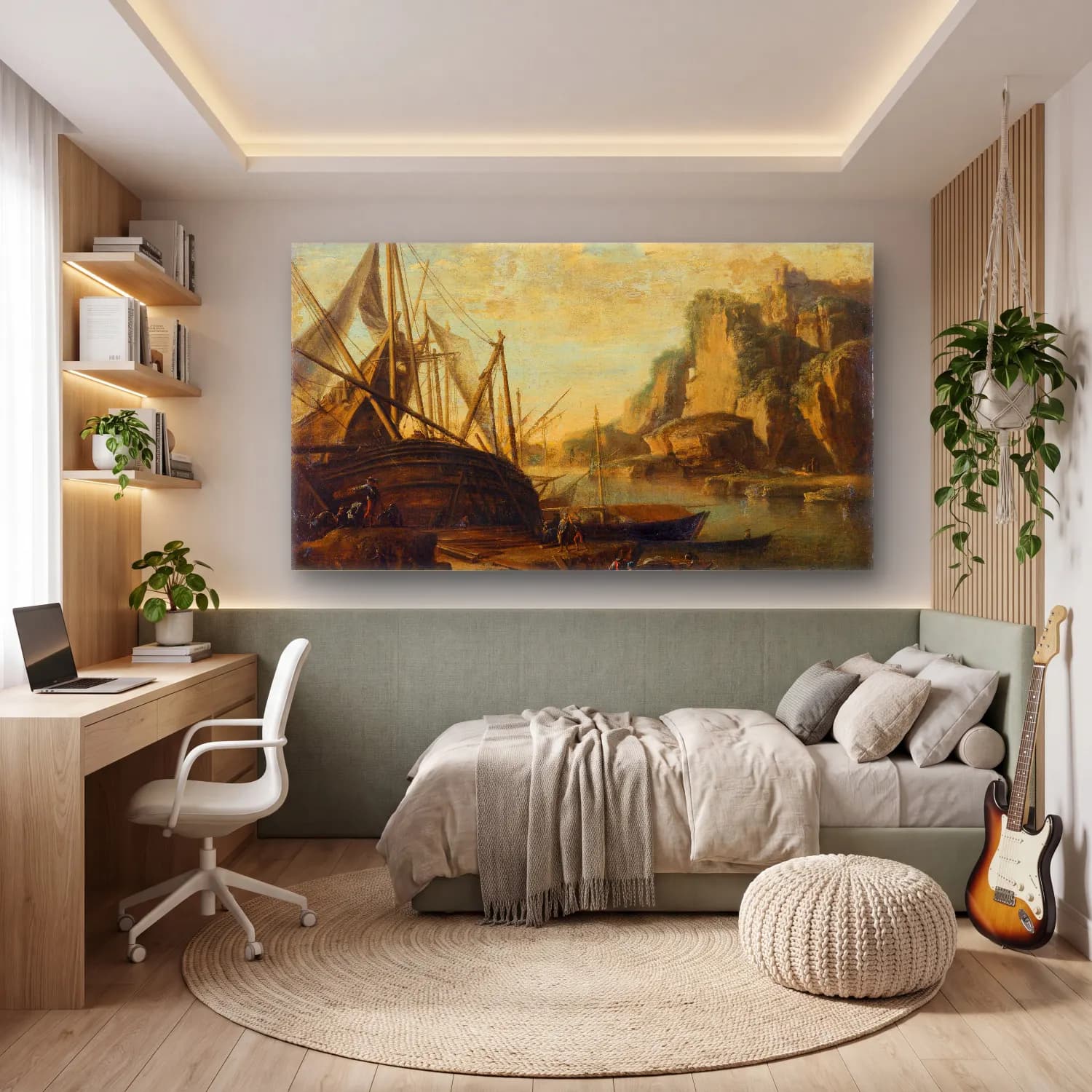 Salvator Rosa – A Mediterranean coastal landscape with a ship cam tablo — genç odasında