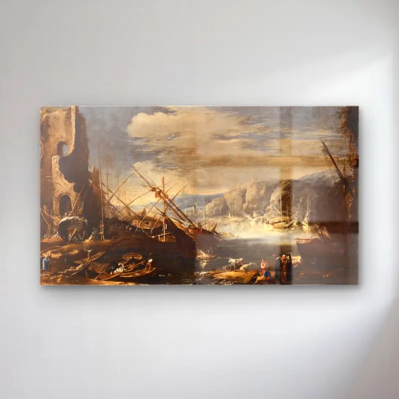 Salvator Rosa – A coastal landscape with shipwrecks and ruins cam tablo — Salvator Rosa – A coastal landscape with shipwrecks and ruins — yağlı boya liman ve tekneler
