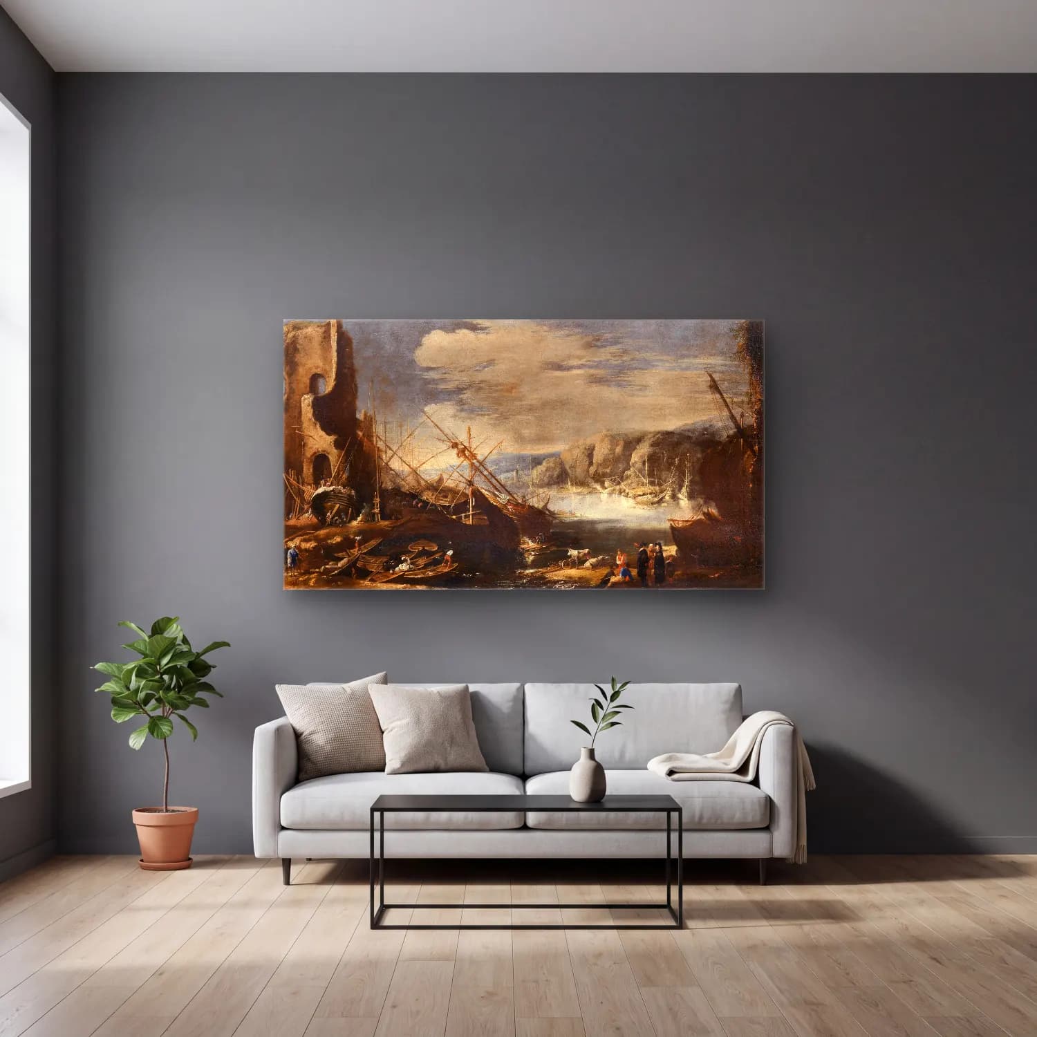 Salvator Rosa – A coastal landscape with shipwrecks and ruins cam tablo — gri duvarlı salonda