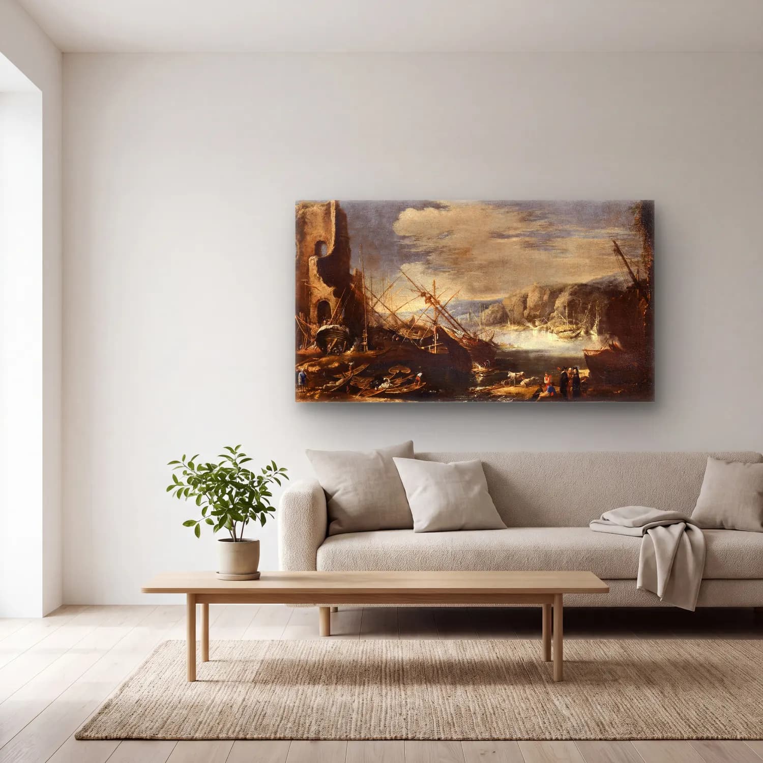 Salvator Rosa – A coastal landscape with shipwrecks and ruins cam tablo — açık renk salonda