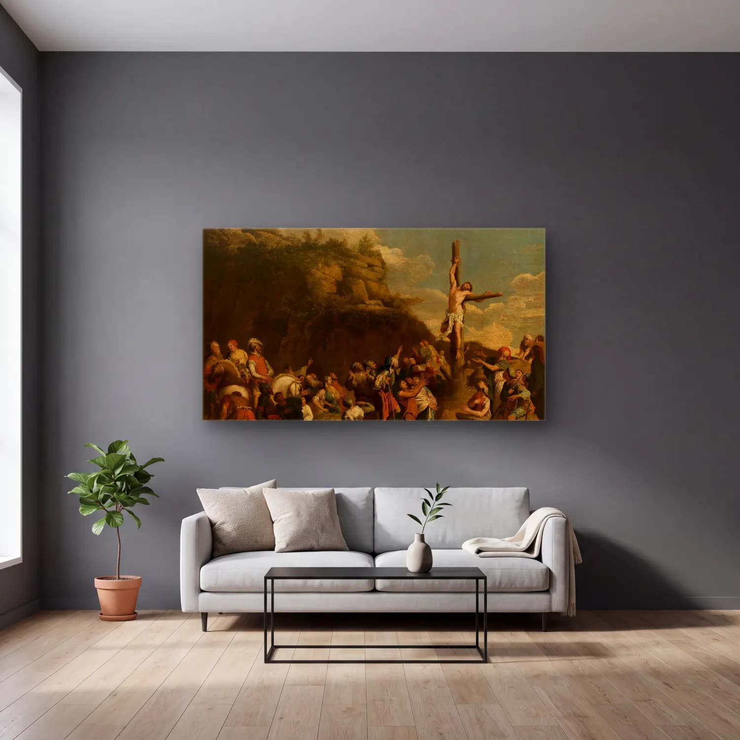 Salvator Rosa – Crucifixion of Polyclitus cam tablo — gri duvarlı salonda