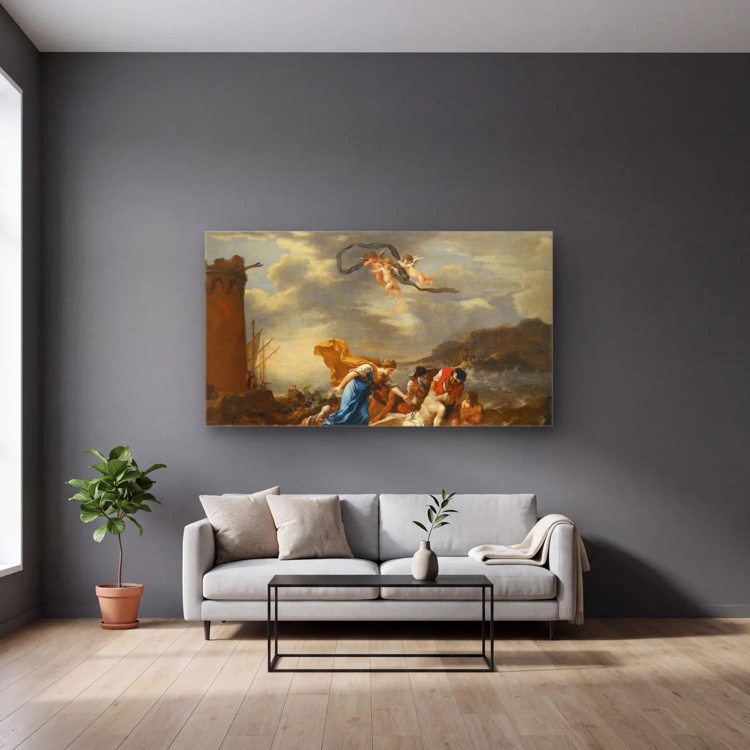 Salvator Rosa – Hero And Leander cam tablo — gri duvarlı salonda