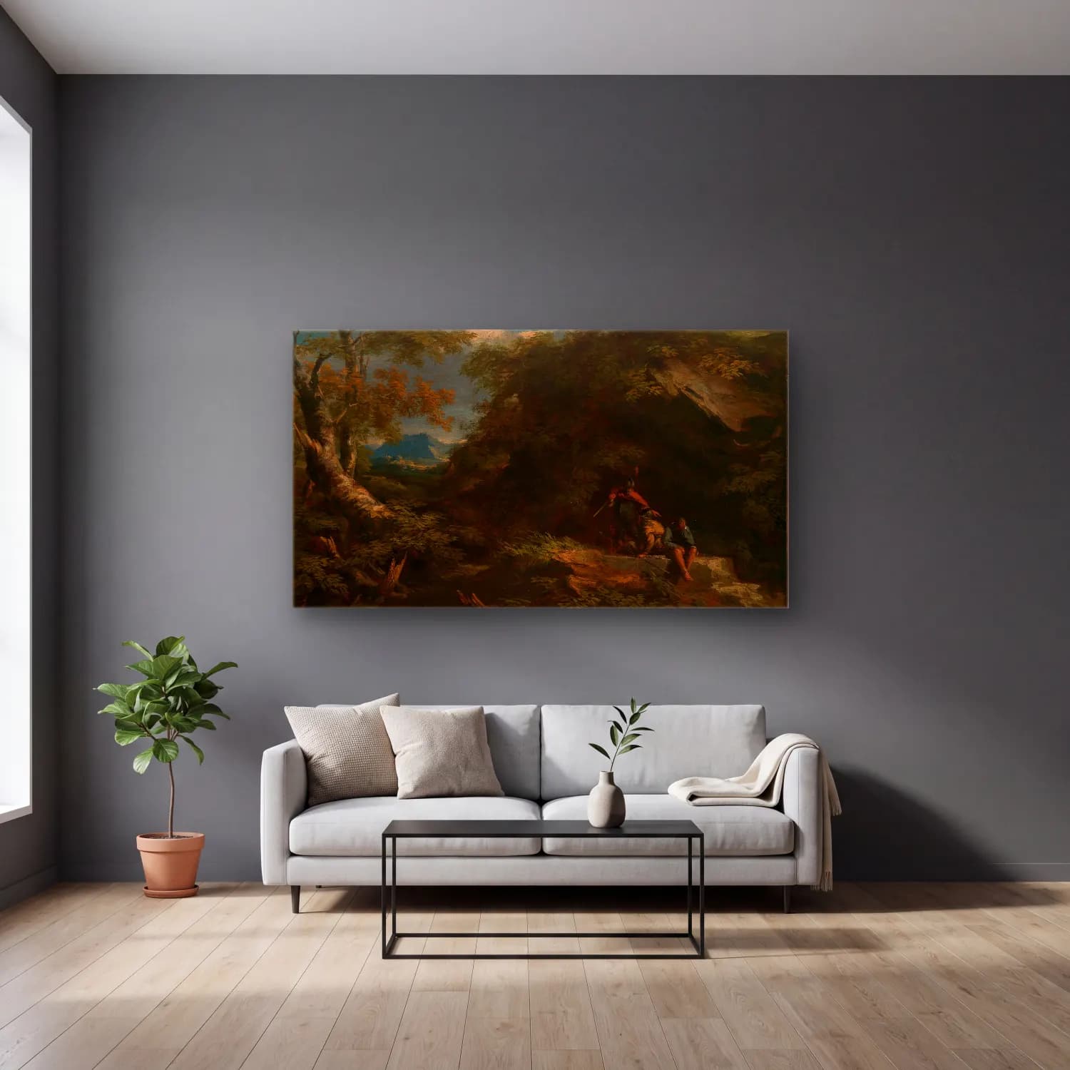 Salvator Rosa – Mountainous forest landscape with resting warriors cam tablo — gri duvarlı salonda