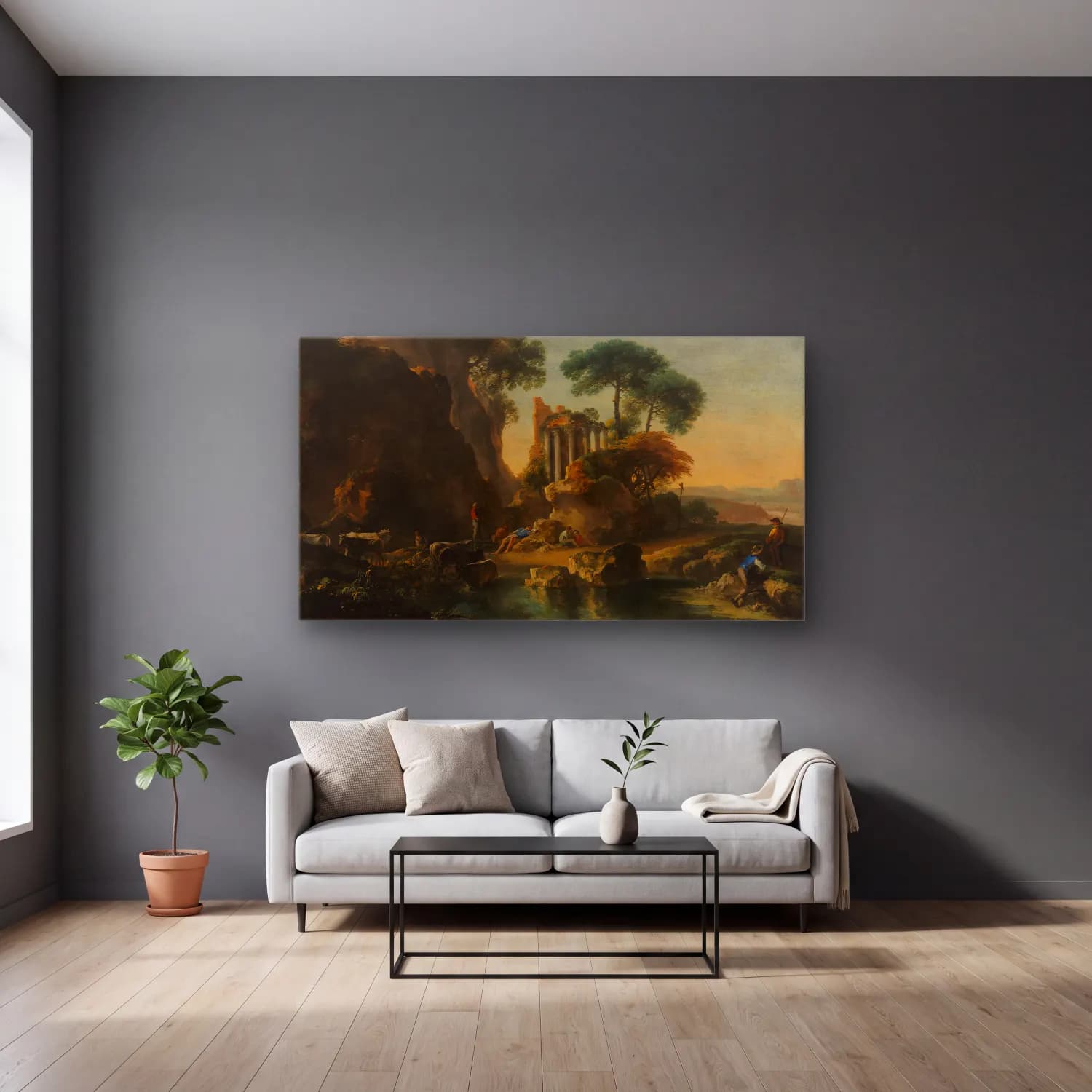 Salvator Rosa – Ruins in a Rocky Landscape cam tablo — gri duvarlı salonda