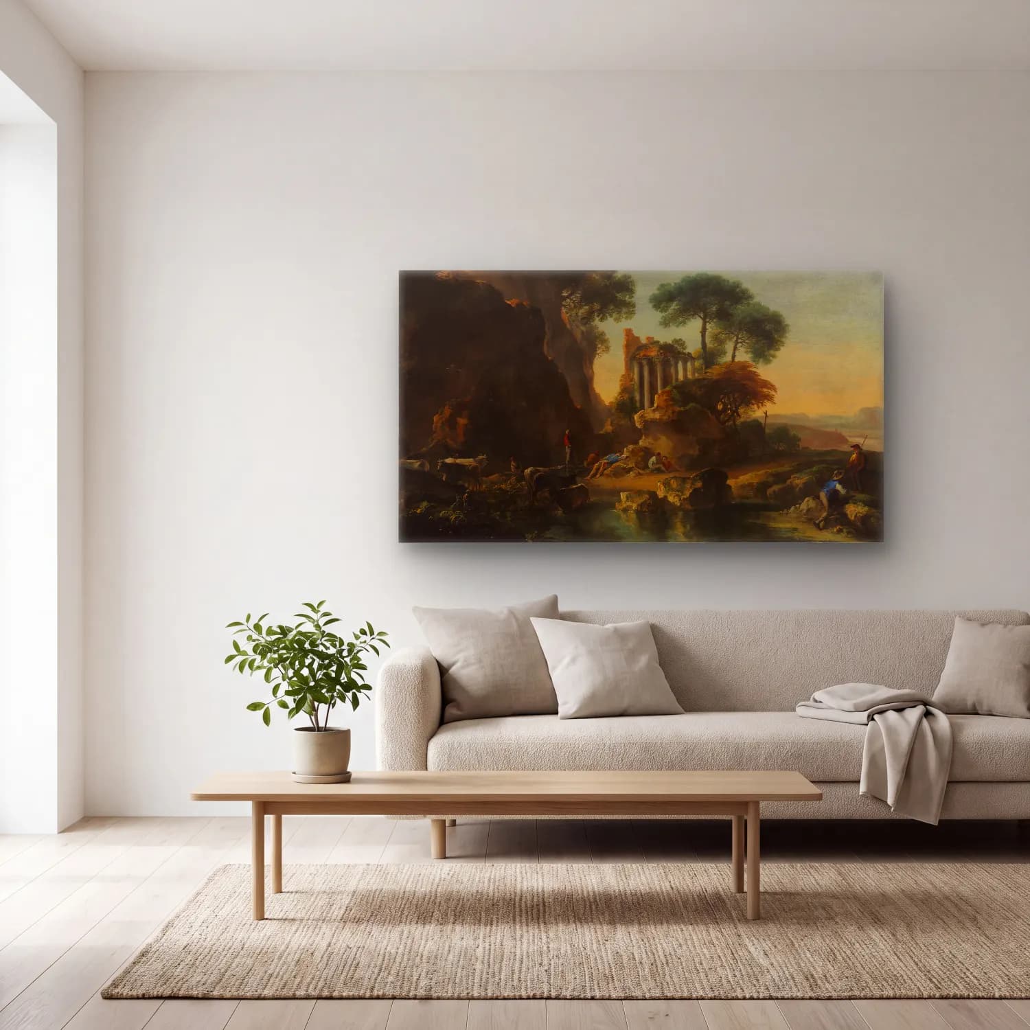 Salvator Rosa – Ruins in a Rocky Landscape cam tablo — açık renk salonda