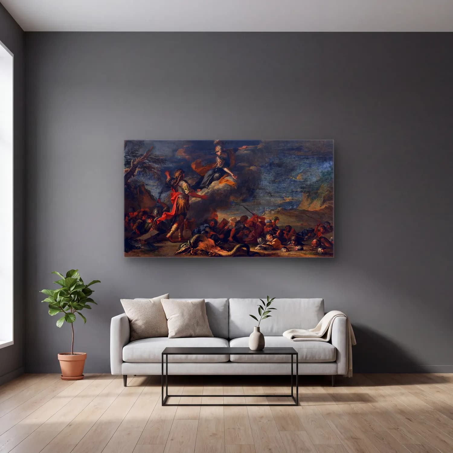 Salvator Rosa – The Founding of Thebes cam tablo — gri duvarlı salonda