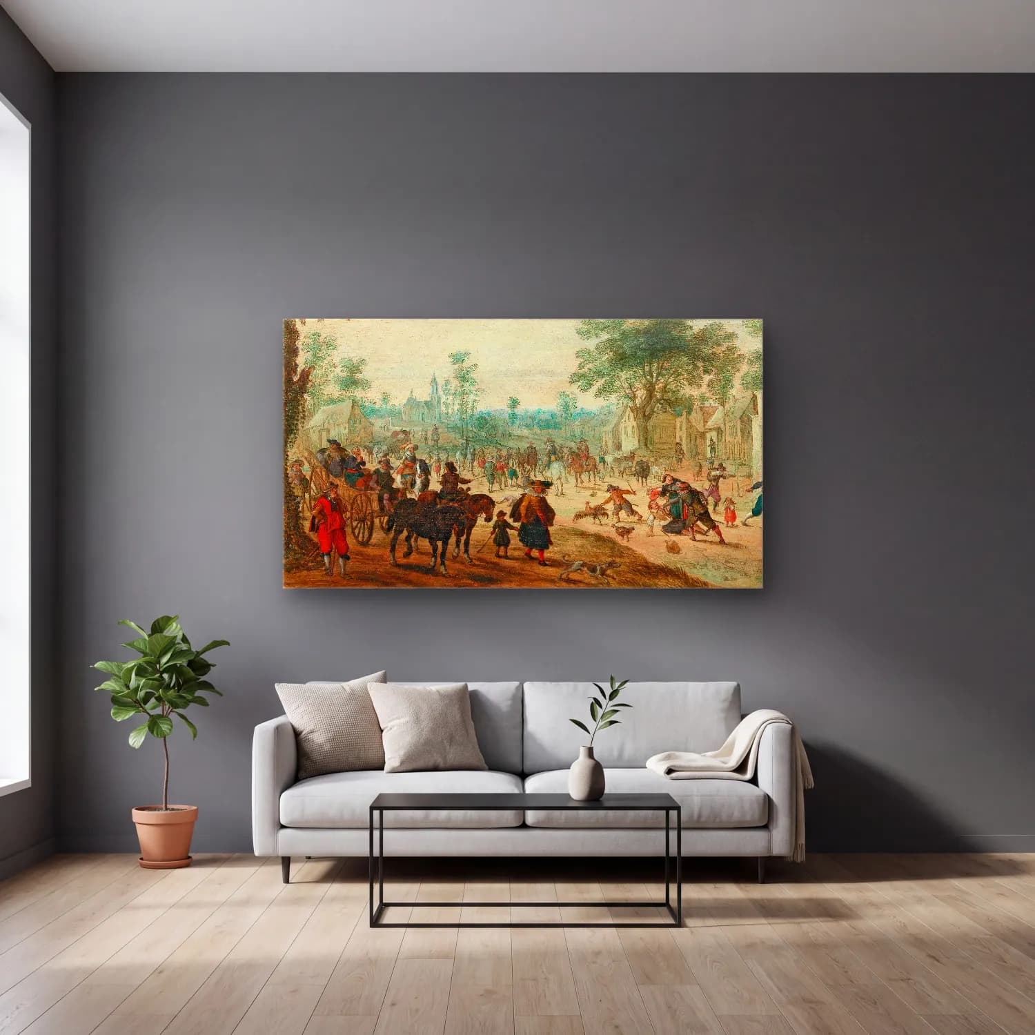 Sebastian Vrancx – A village with numerous figures on a road cam tablo — gri duvarlı salonda