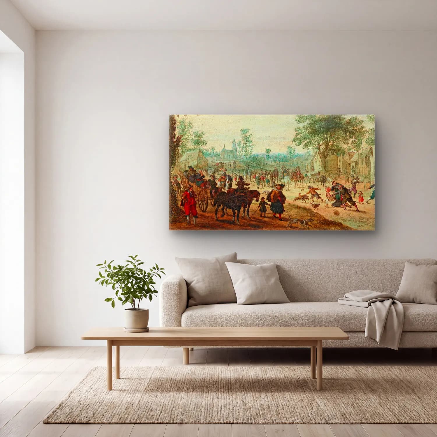Sebastian Vrancx – A village with numerous figures on a road cam tablo — açık renk salonda