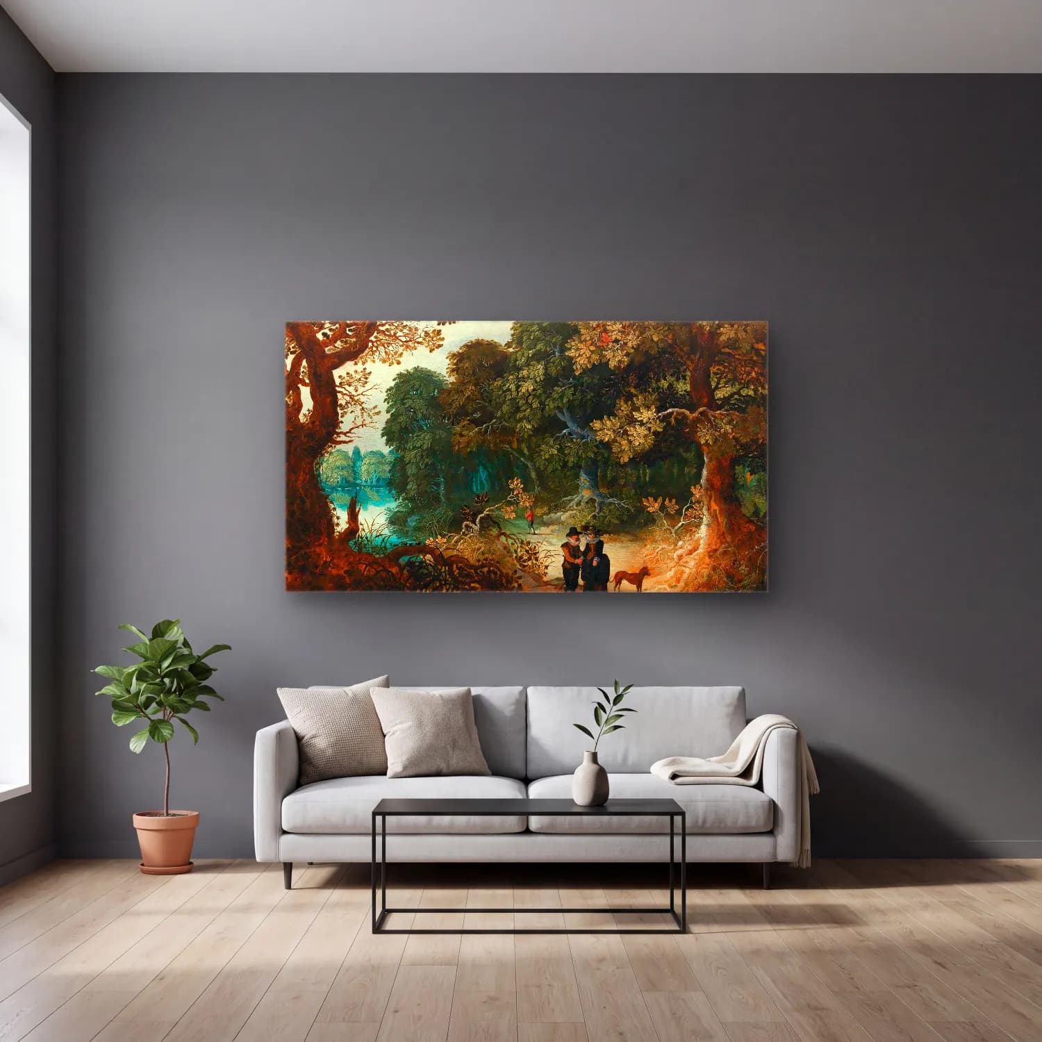 Sebastian Vrancx – A wooded landscape with an amorous couple cam tablo — gri duvarlı salonda