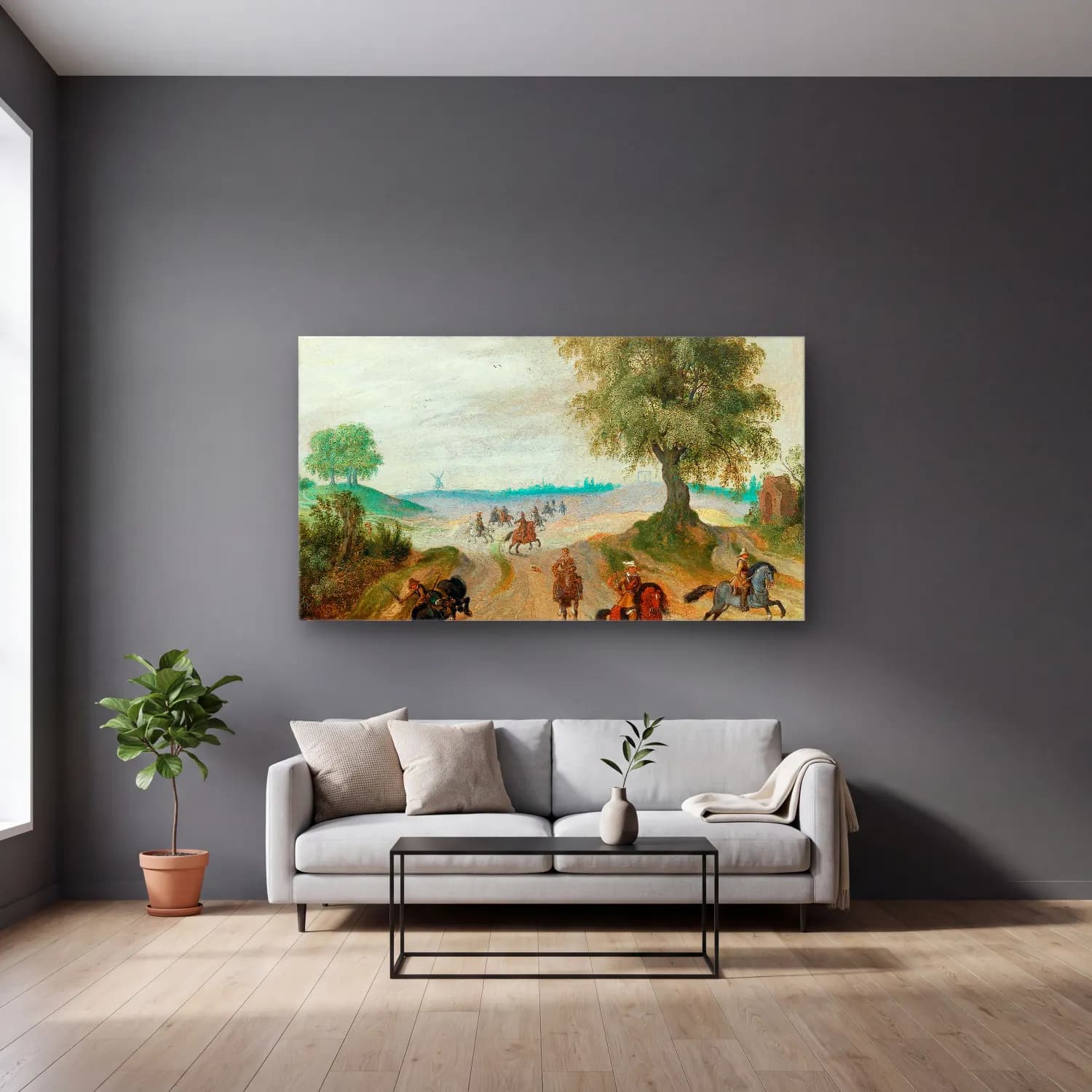 Sebastian Vrancx – Soldiers on horseback in a landscape cam tablo — gri duvarlı salonda
