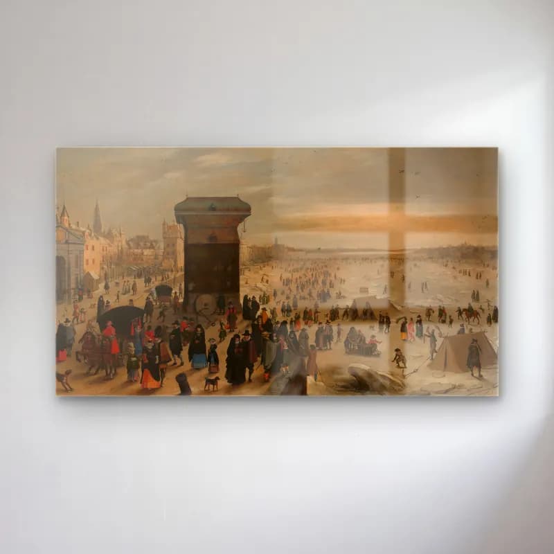 Sebastian Vrancx – The Crane on the Antwerp Quay by the Frozen Scheldt cam tablo — Sebastian Vrancx – The Crane on the Antwerp Quay by the Frozen Scheldt — yağlı boya kalabalık cadde