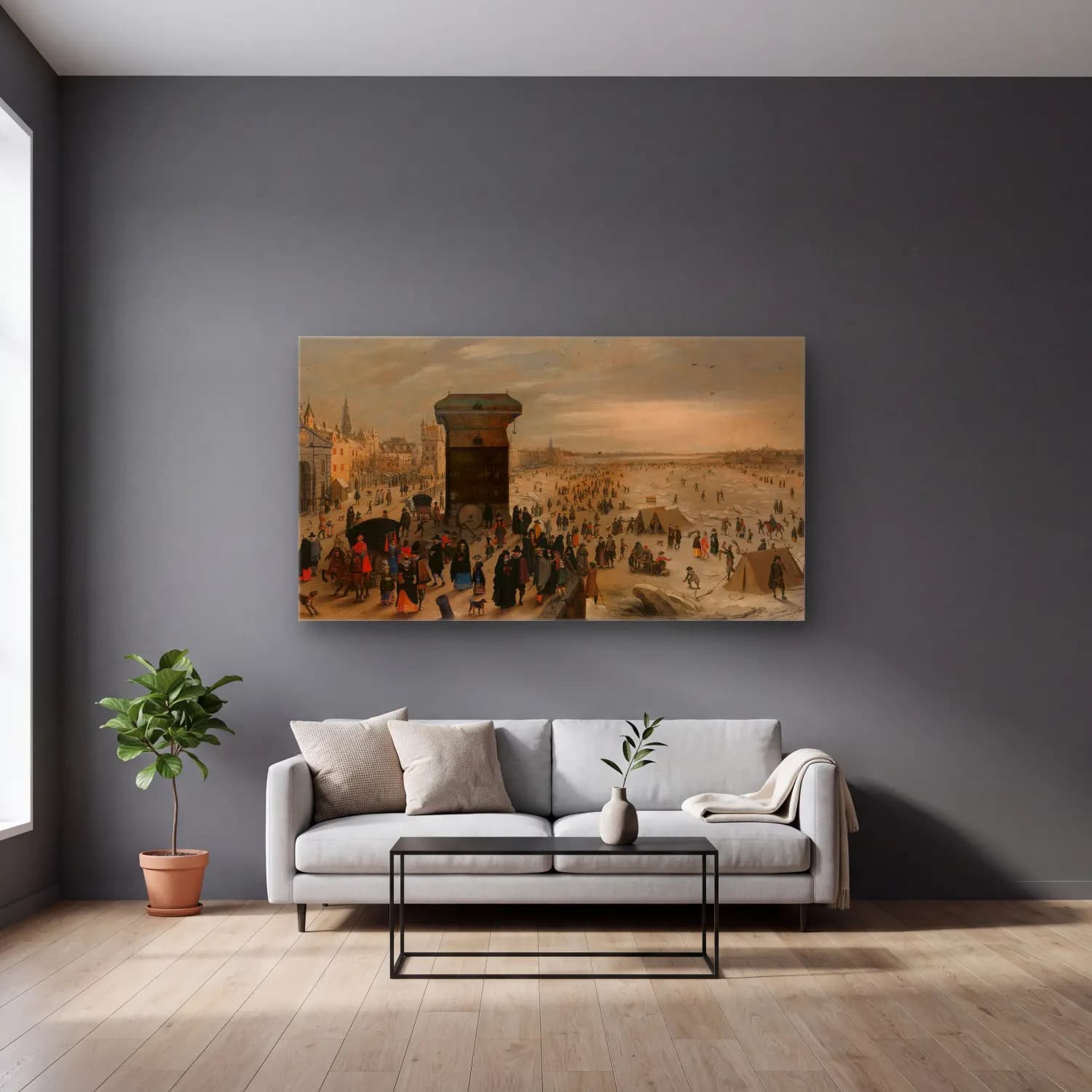 Sebastian Vrancx – The Crane on the Antwerp Quay by the Frozen Scheldt cam tablo — gri duvarlı salonda