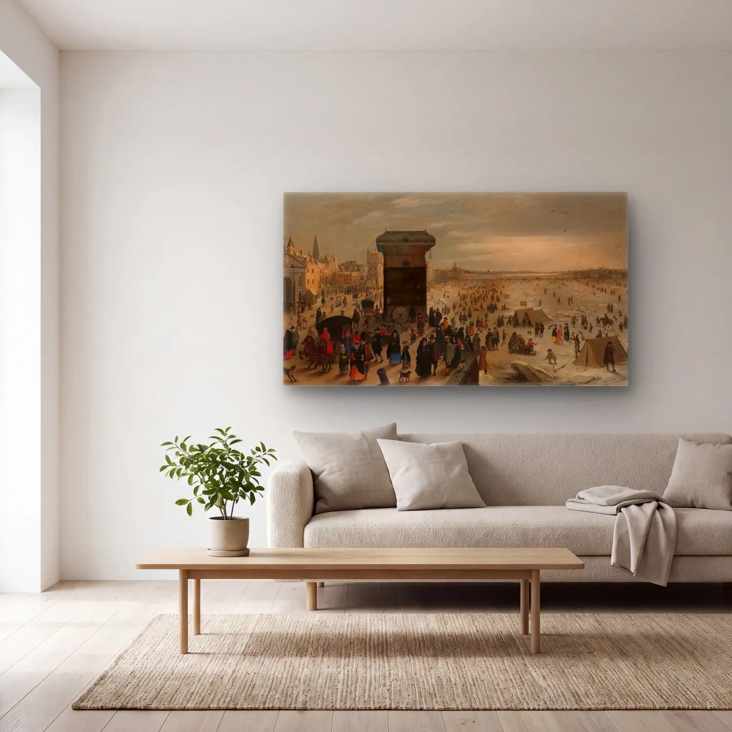 Sebastian Vrancx – The Crane on the Antwerp Quay by the Frozen Scheldt cam tablo — açık renk salonda