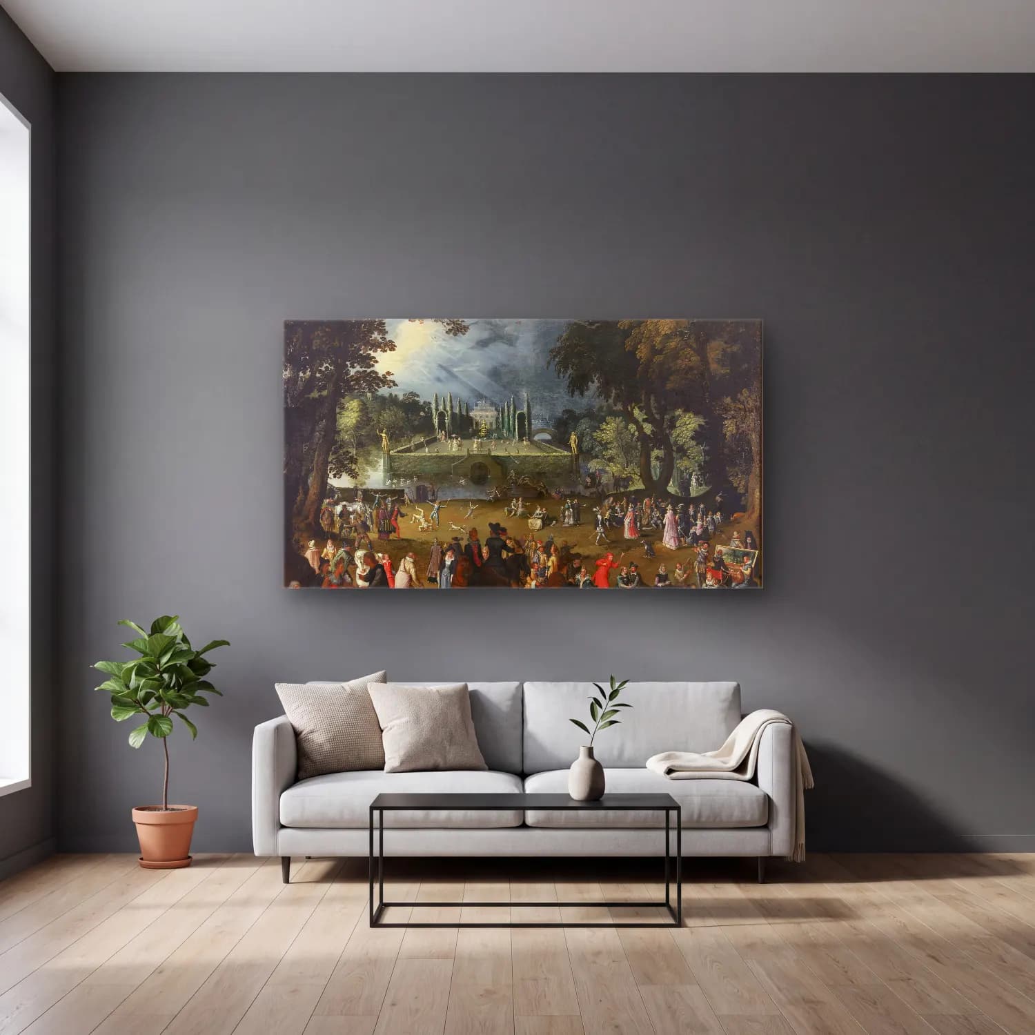 Sebastian Vrancx – The Fête (ca. 1605) cam tablo — gri duvarlı salonda