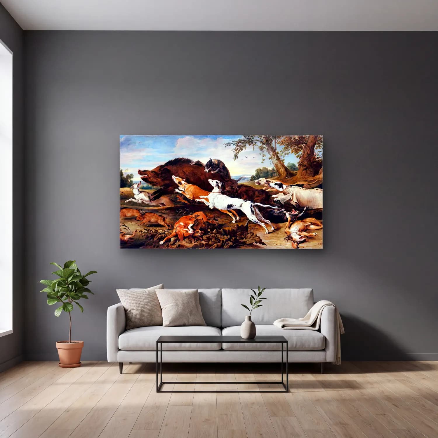 Frans Snyders – Boar Hunt cam tablo — gri duvarlı salonda