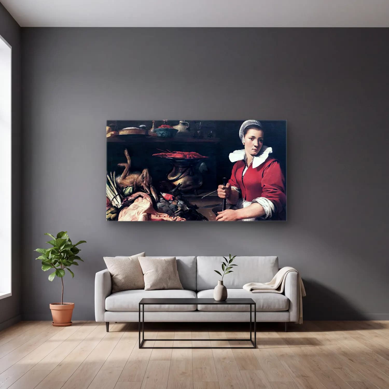 Frans Snyders – Cook with Food cam tablo — gri duvarlı salonda