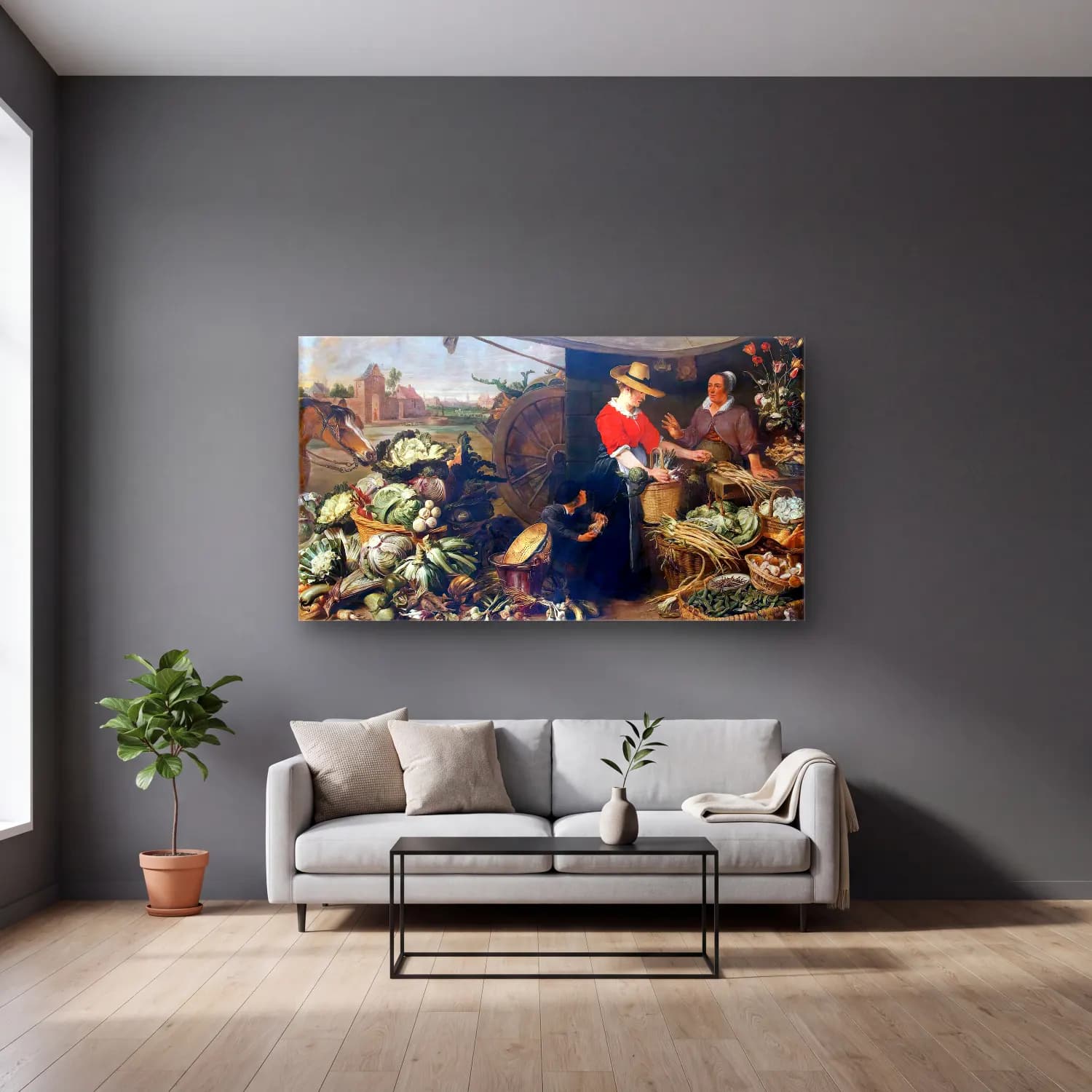 Frans Snyders – Fruit Stall cam tablo — gri duvarlı salonda