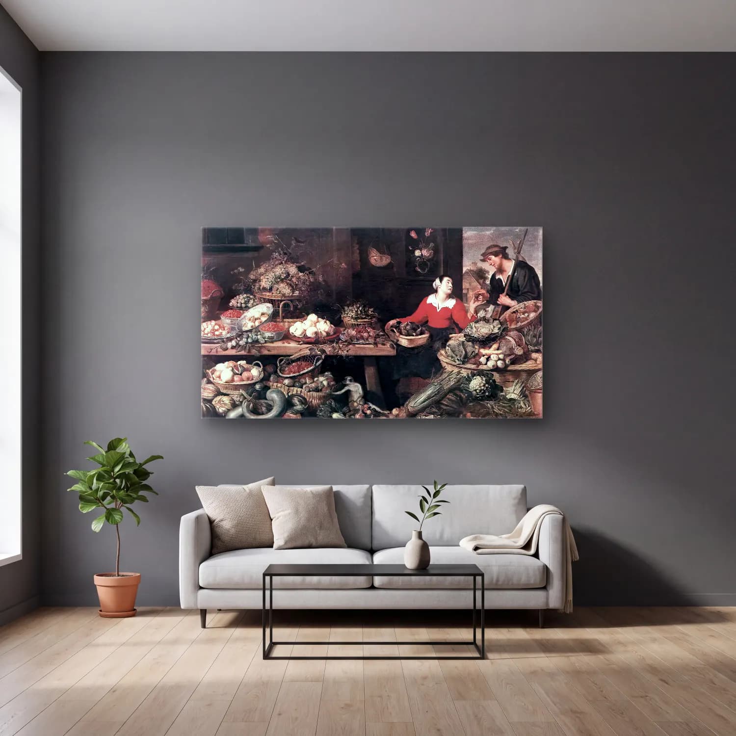 Frans Snyders – Fruit and Vegetable Stall cam tablo — gri duvarlı salonda