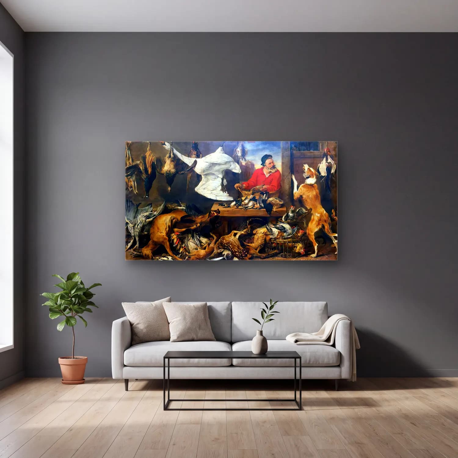 Frans Snyders – Game Stall cam tablo — gri duvarlı salonda
