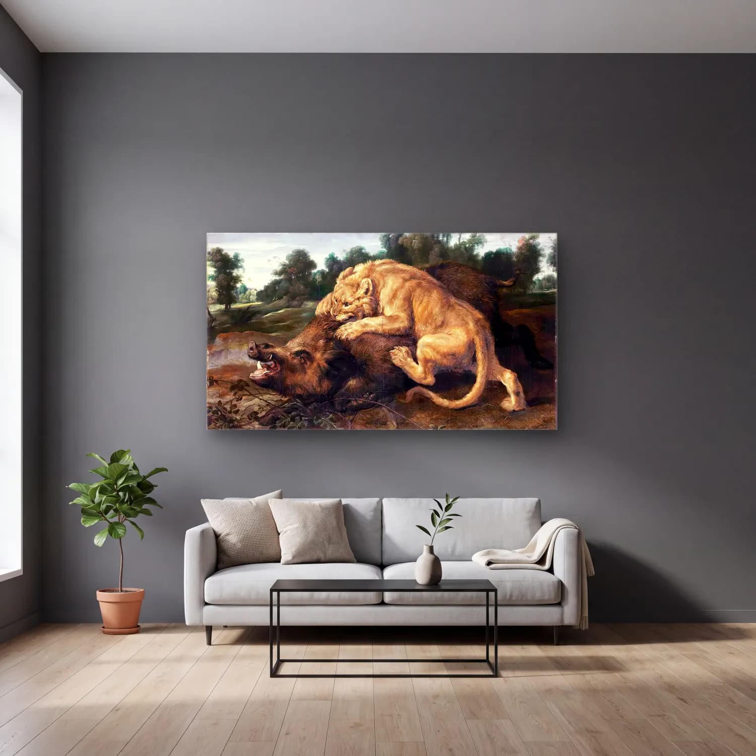 Frans Snyders – Lioness Attacking a Boar cam tablo — gri duvarlı salonda