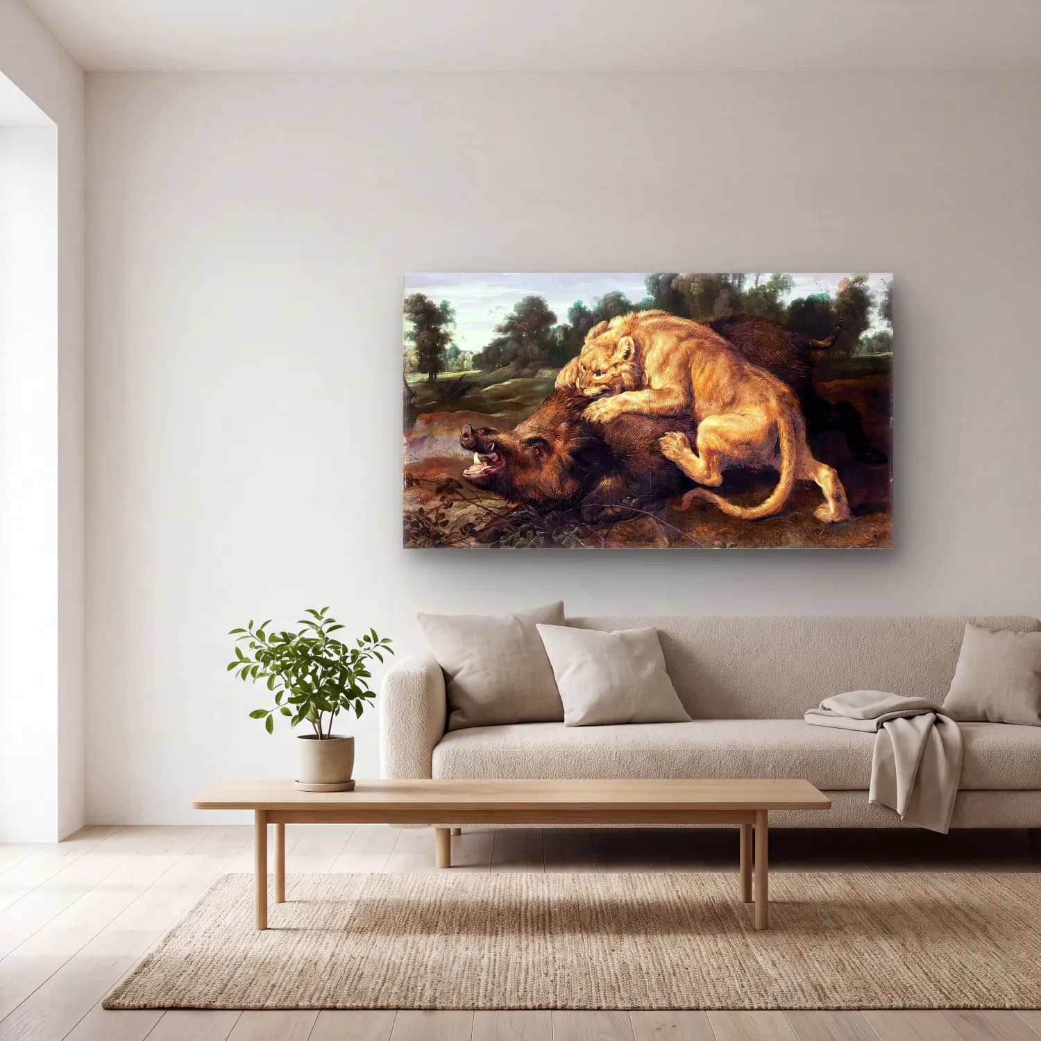 Frans Snyders – Lioness Attacking a Boar cam tablo — açık renk salonda