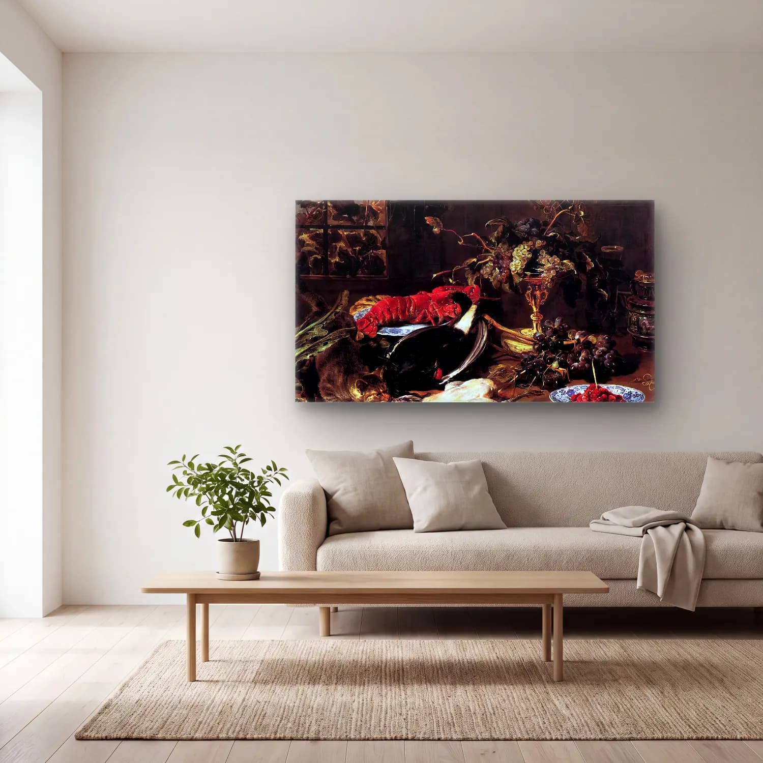 Frans Snyders – Still-Life with Crab, Poultry, and Fruit cam tablo — açık renk salonda