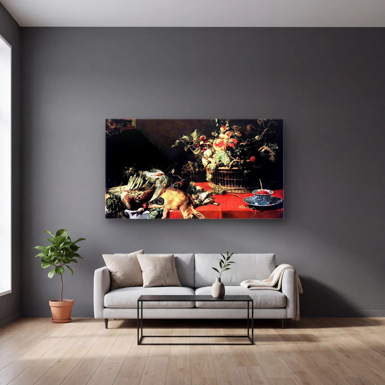 Frans Snyders – Still-Life with Fruit Basket and Game cam tablo — gri duvarlı salonda