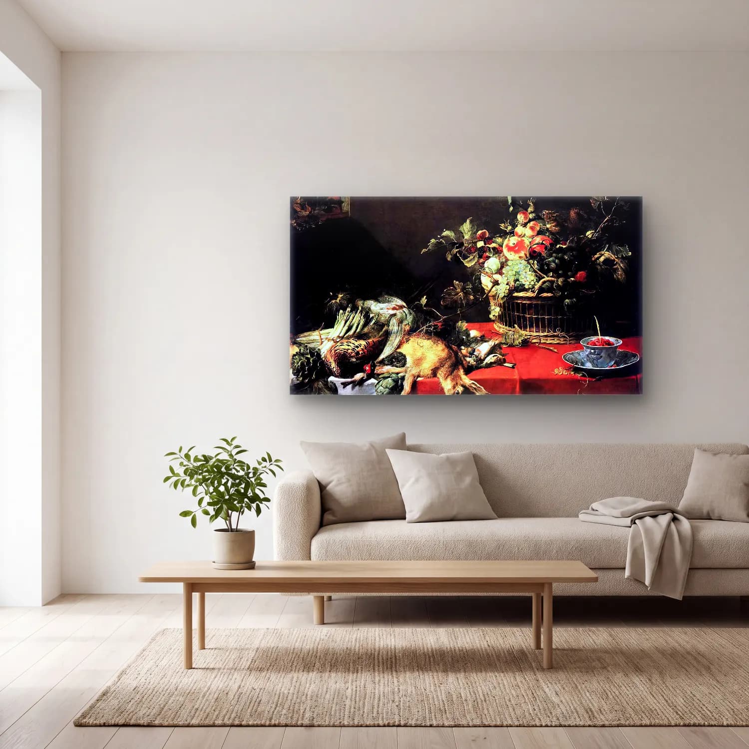 Frans Snyders – Still-Life with Fruit Basket and Game cam tablo — açık renk salonda