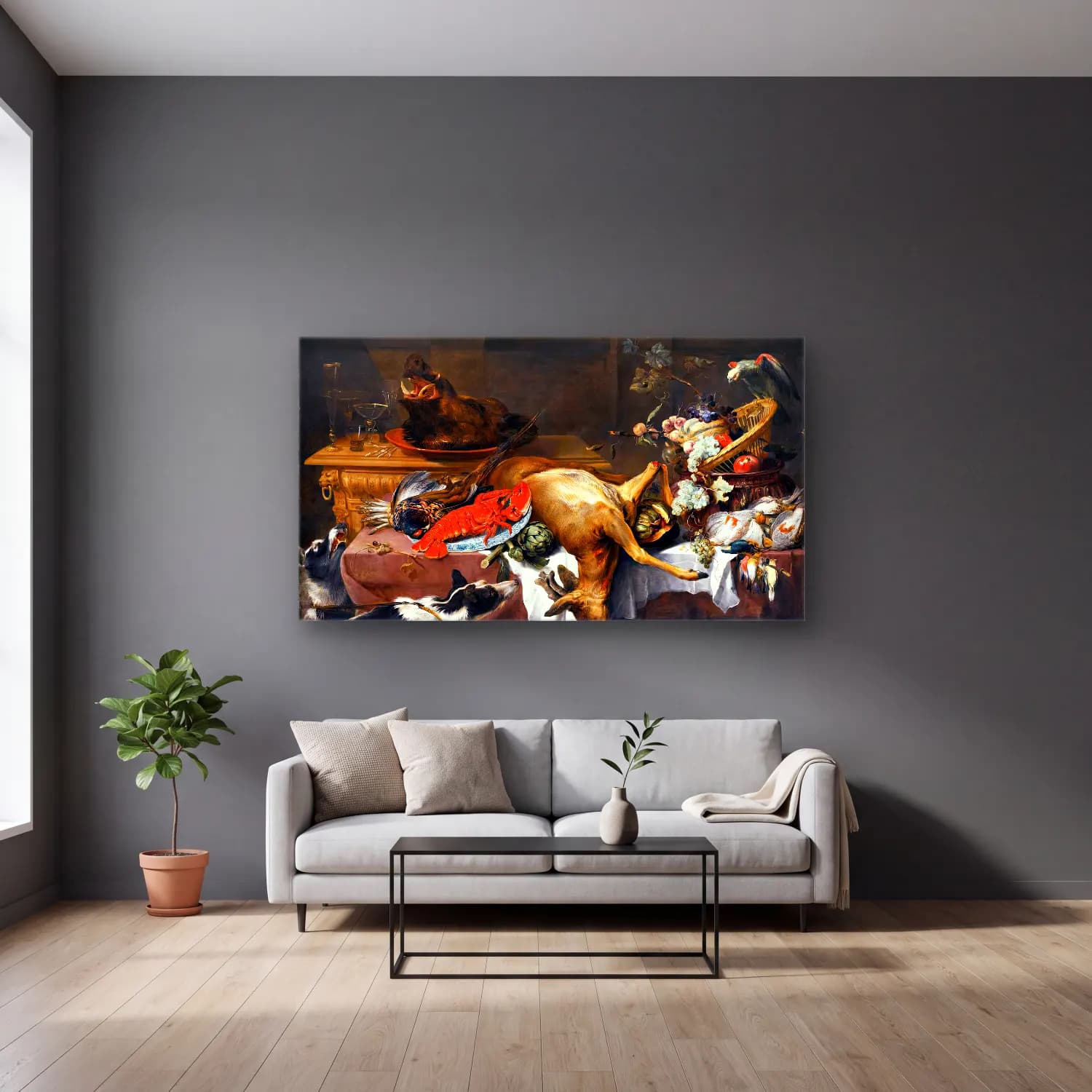 Frans Snyders – Still-Life with Game cam tablo — gri duvarlı salonda