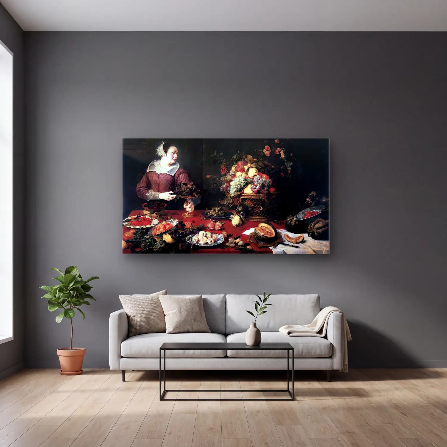 Frans Snyders – The Fruit Basket cam tablo — gri duvarlı salonda
